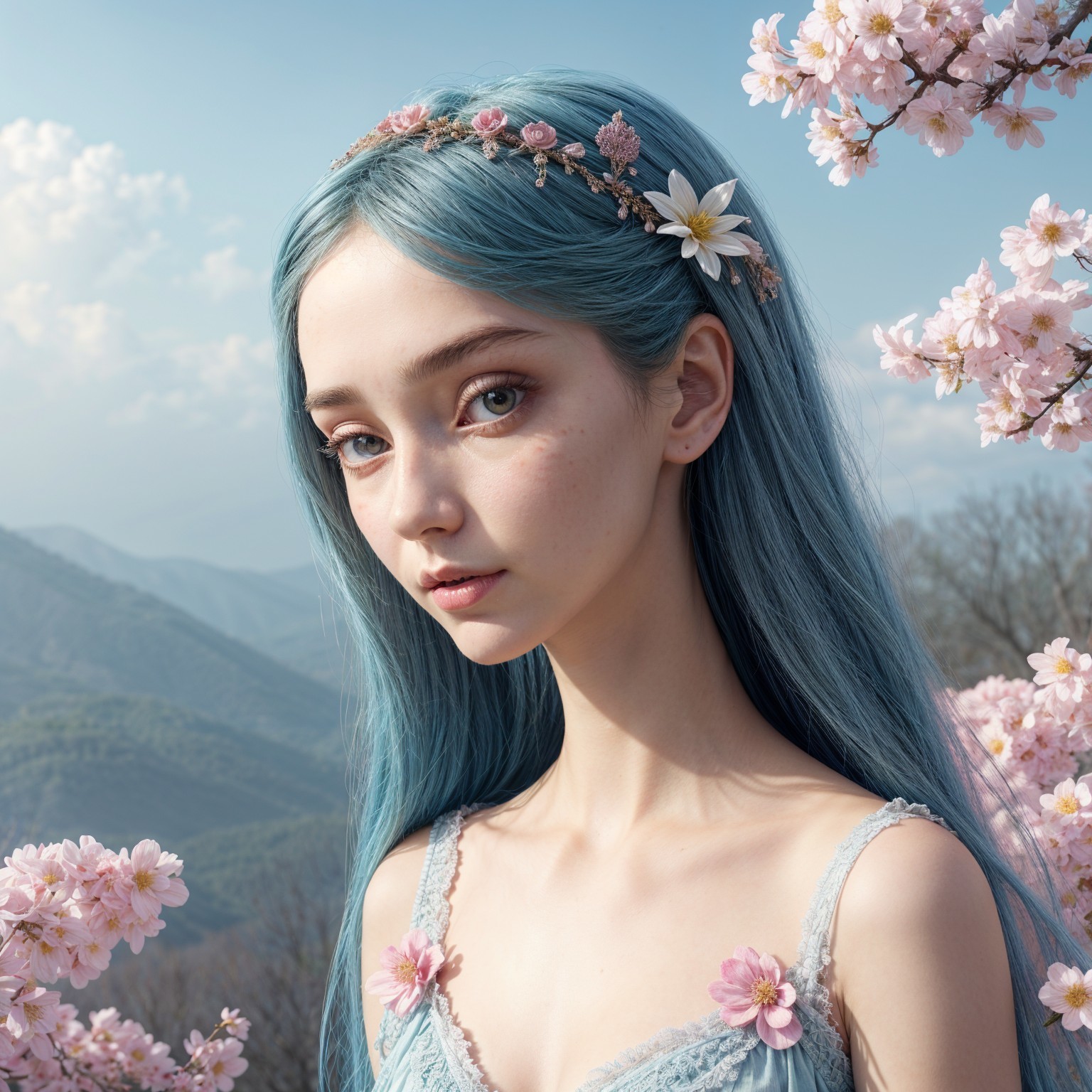 Young Woman with Pastel Blue Hair in Cherry Blossoms
