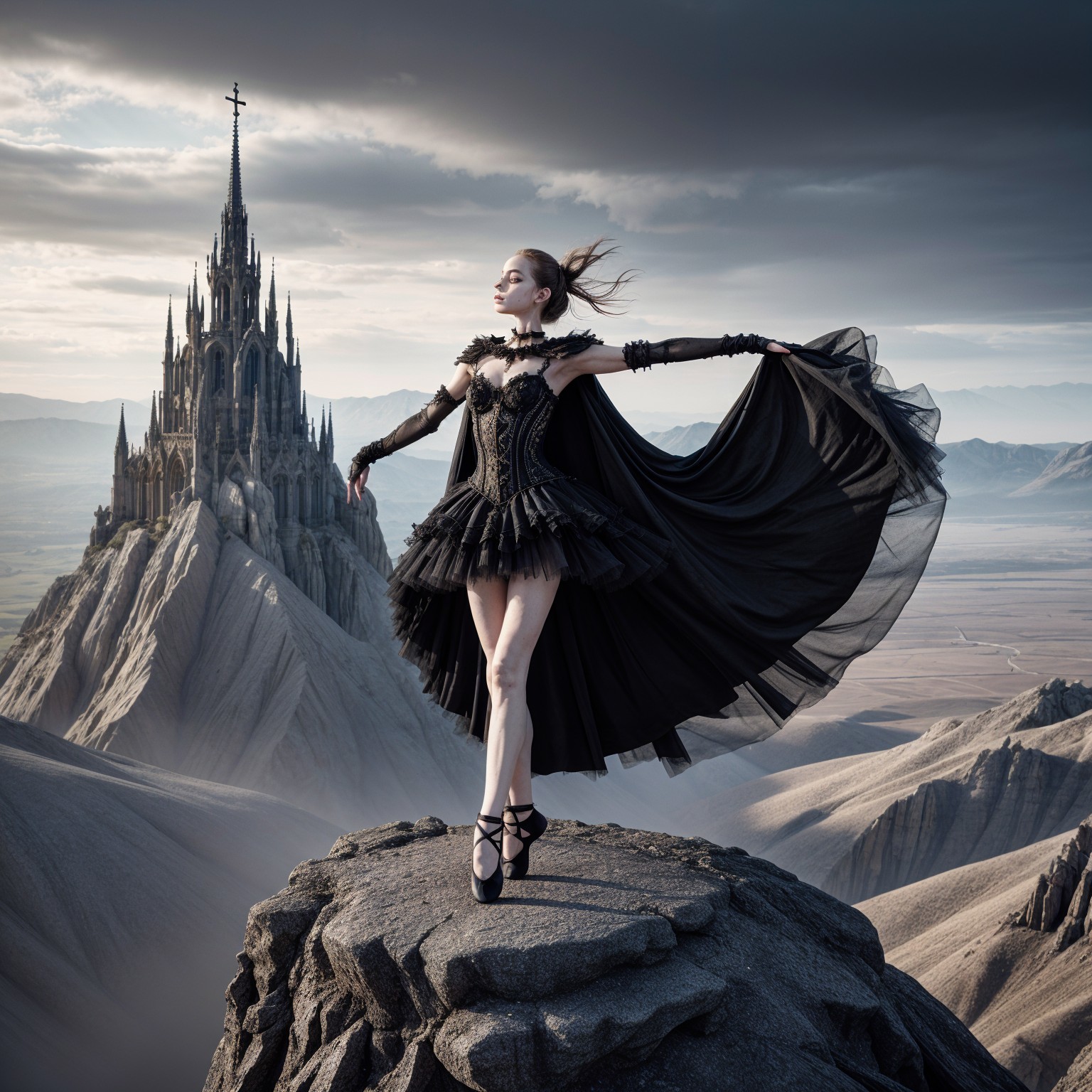 Ballet Dancer Posing Dramatically by Gothic Castle