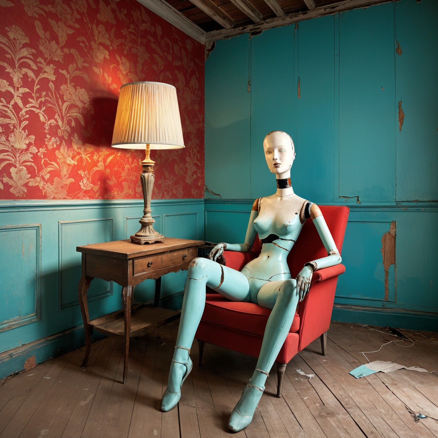 Vintage Room with Mannequin and Floral Wallpaper