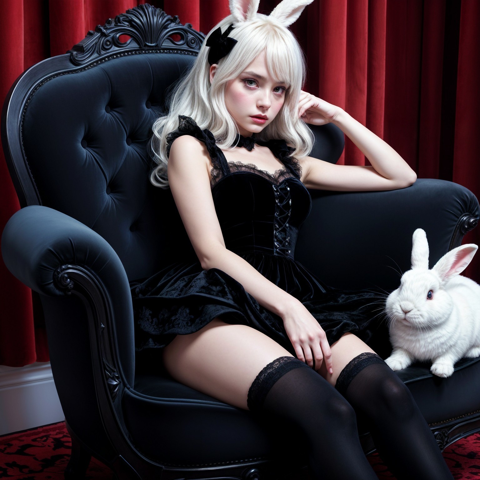 Young woman in dark dress with rabbit in elegant setting