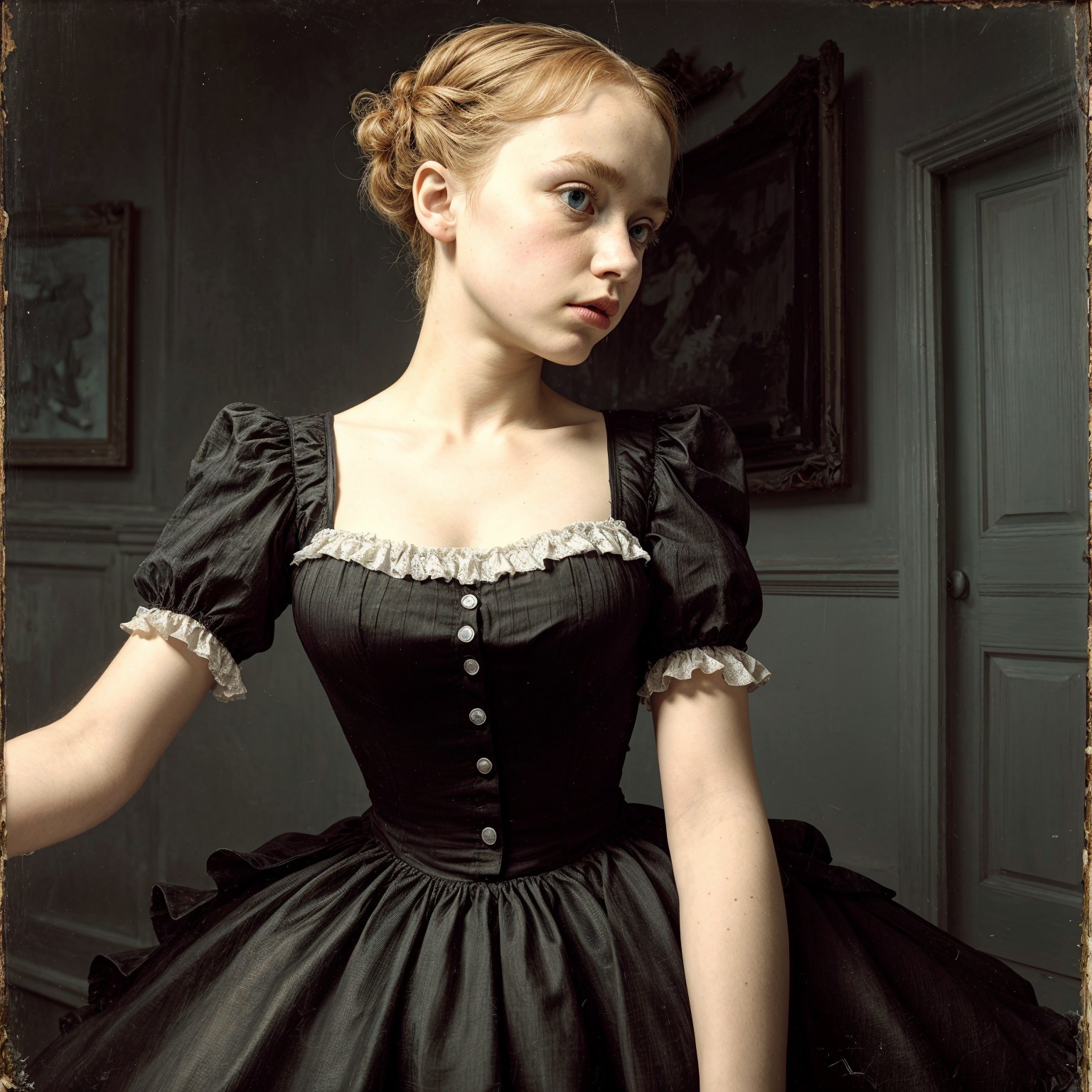 Elegant young woman in vintage black gown with decor