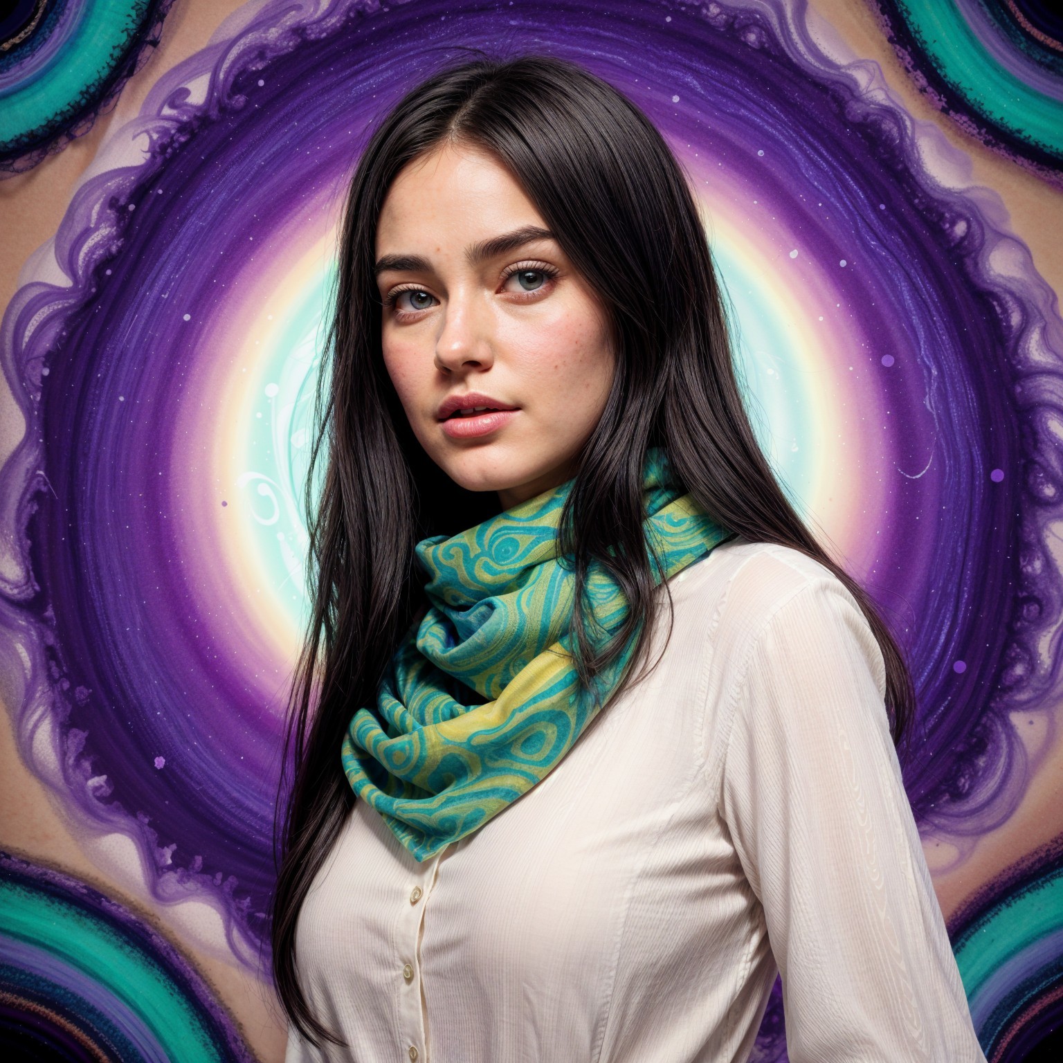 Young Woman Posing Against Vibrant Abstract Background