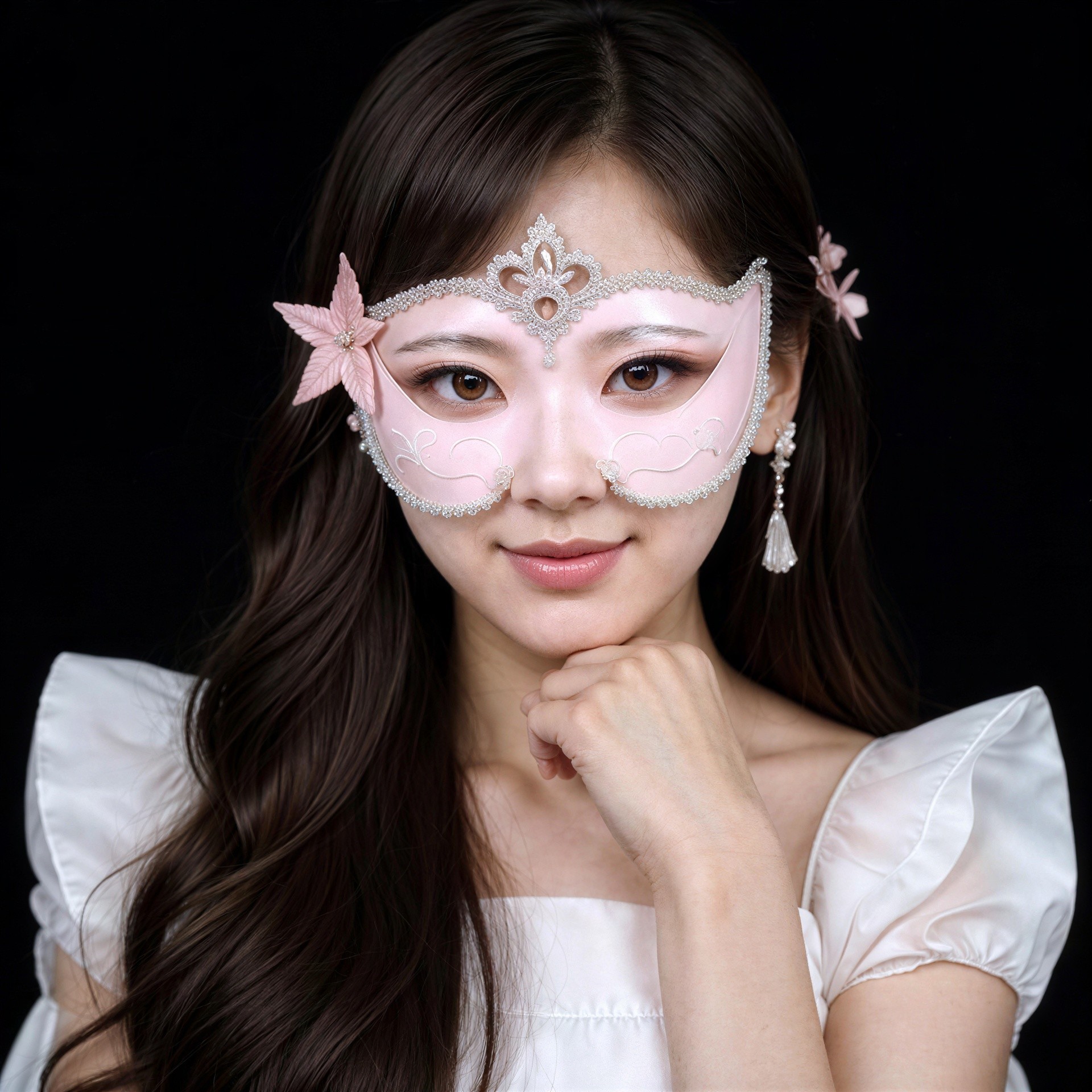 Young woman in white dress with pink masquerade mask