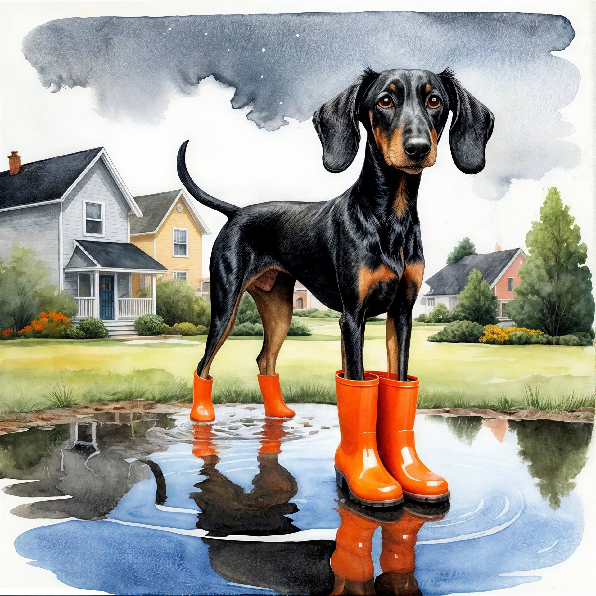 Watercolor Painting of Dachshund in Orange Rain Boots
