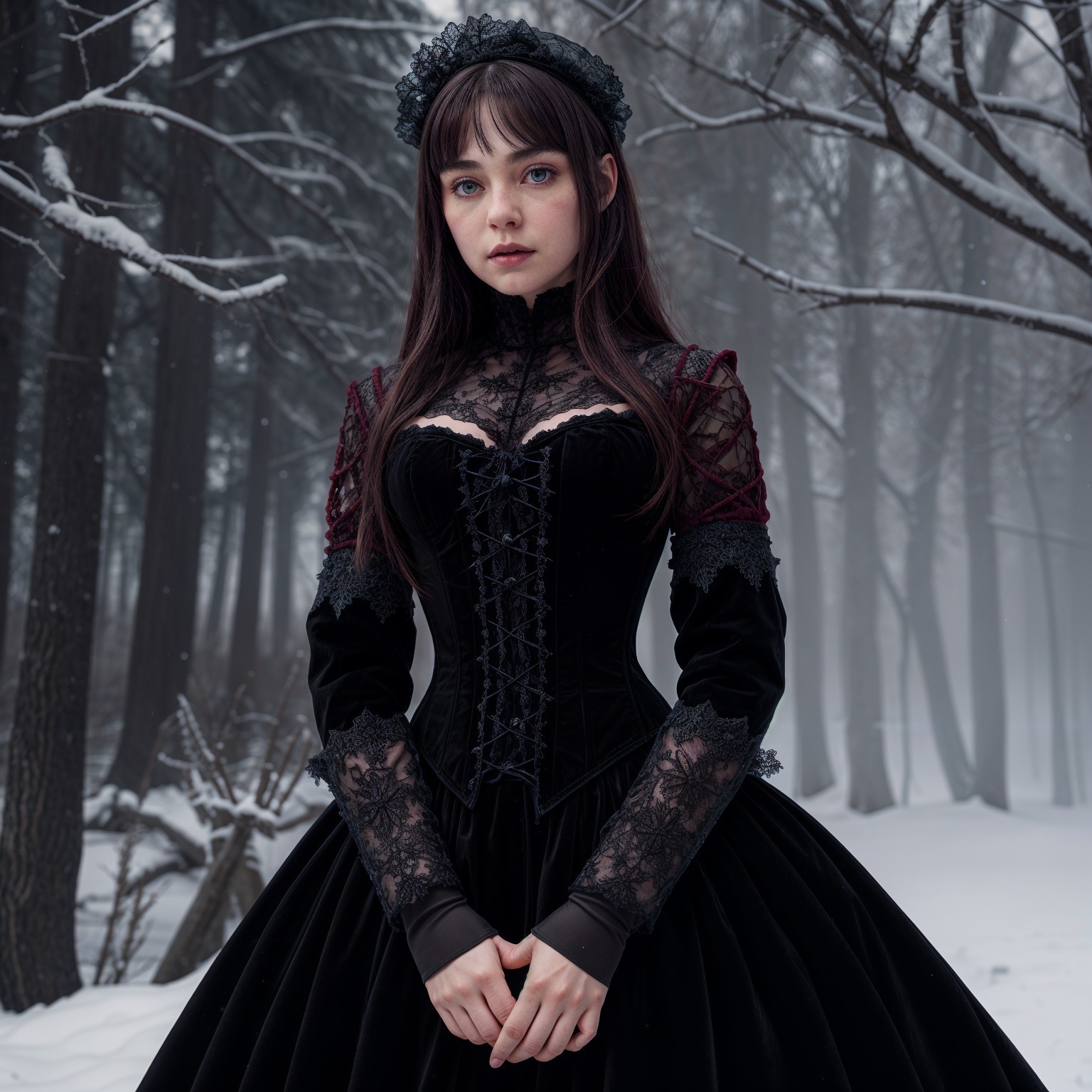 Young Woman in Black Victorian Dress in Snowy Forest