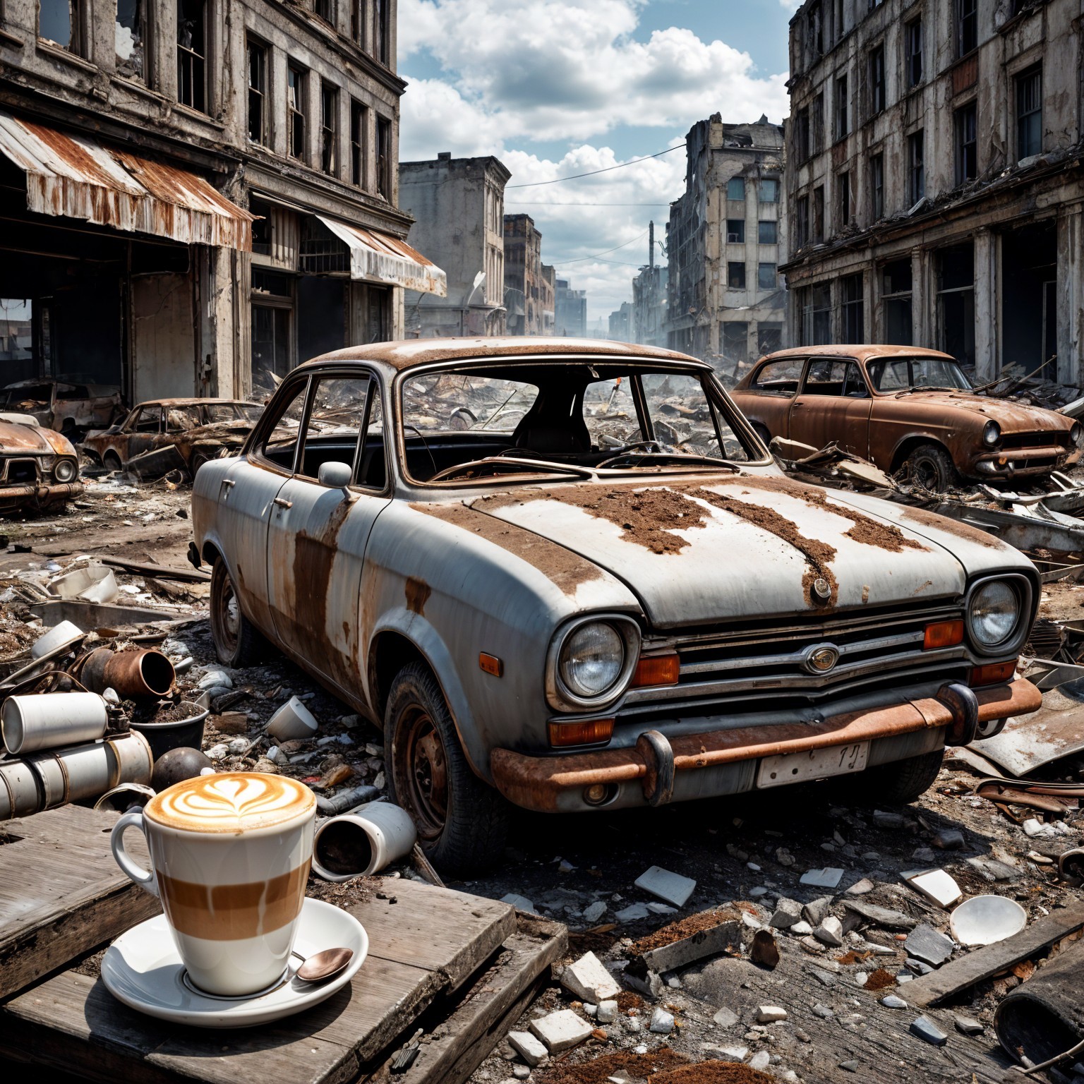 Dilapidated Urban Area with Abandoned Cars and Latte