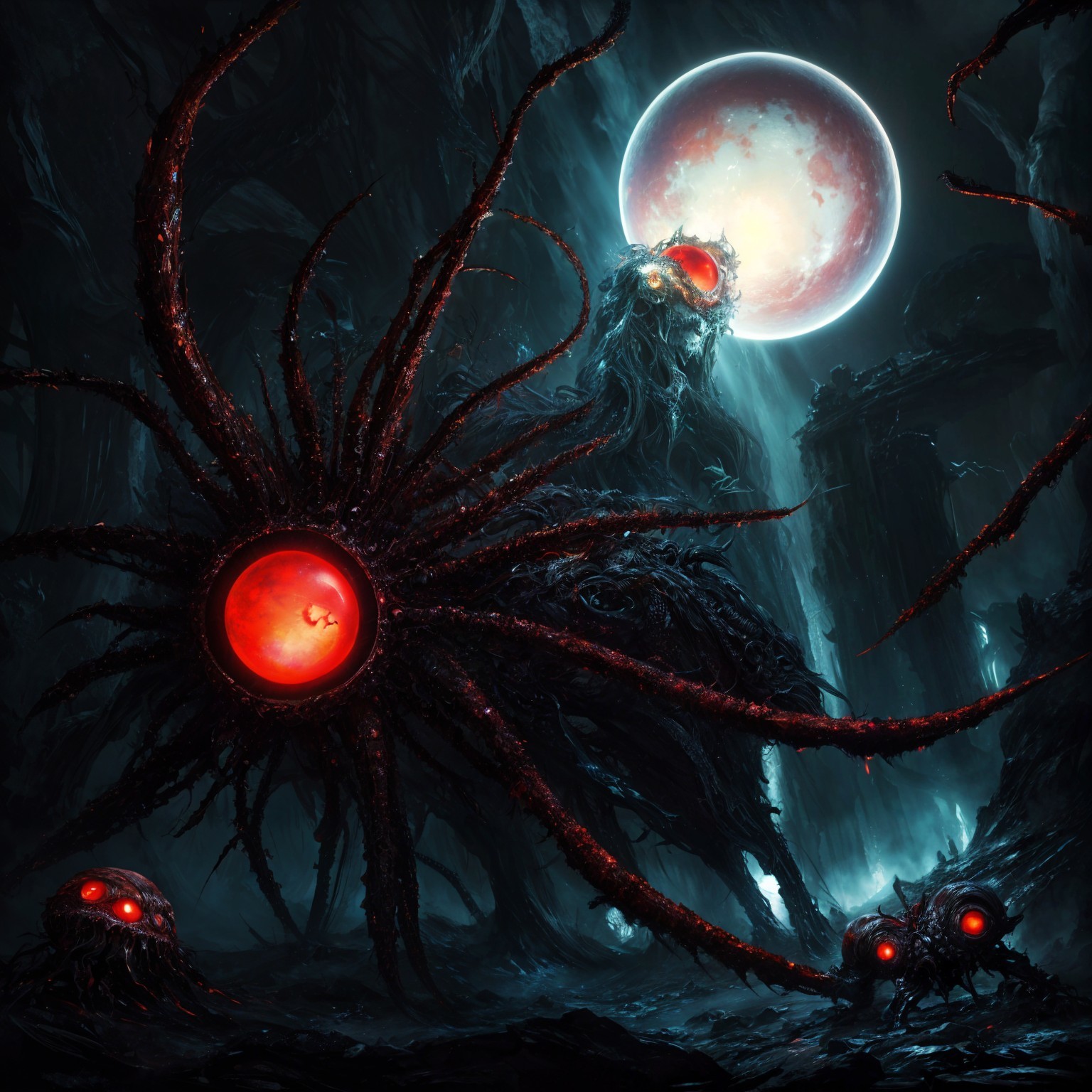Grotesque Tentacled Creatures in Dark Landscape
