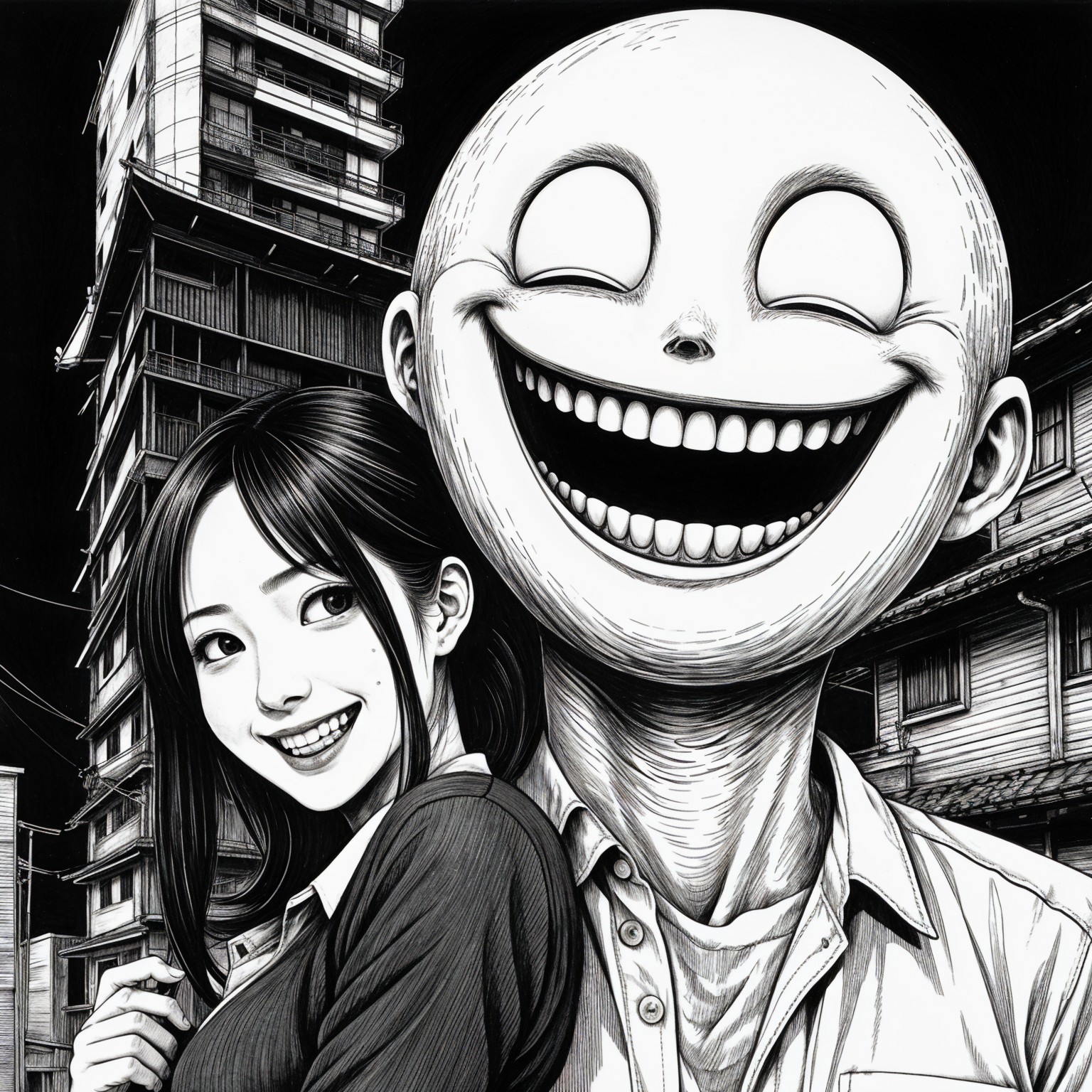 Black and white illustration of a woman and figure