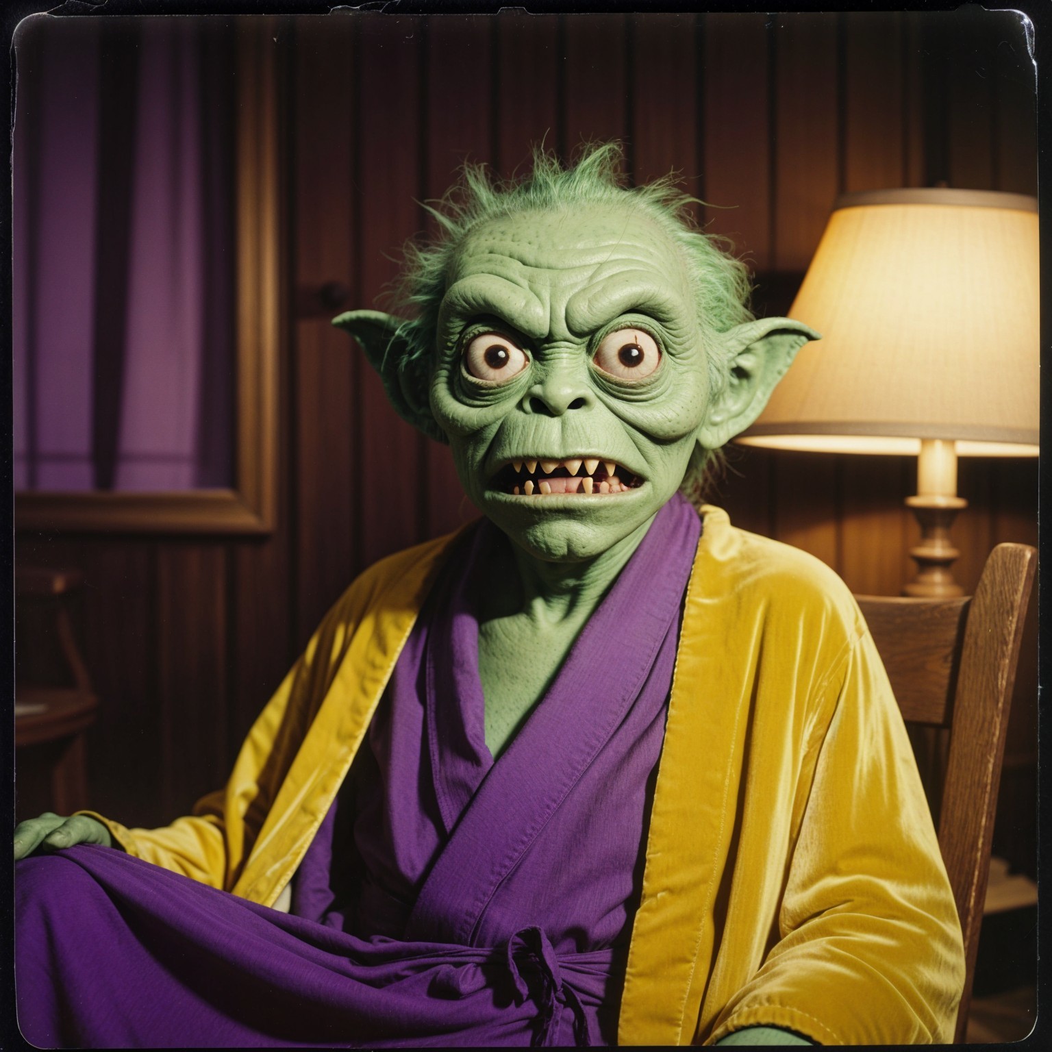 Whimsical Green Creature in Cozy Room Setting