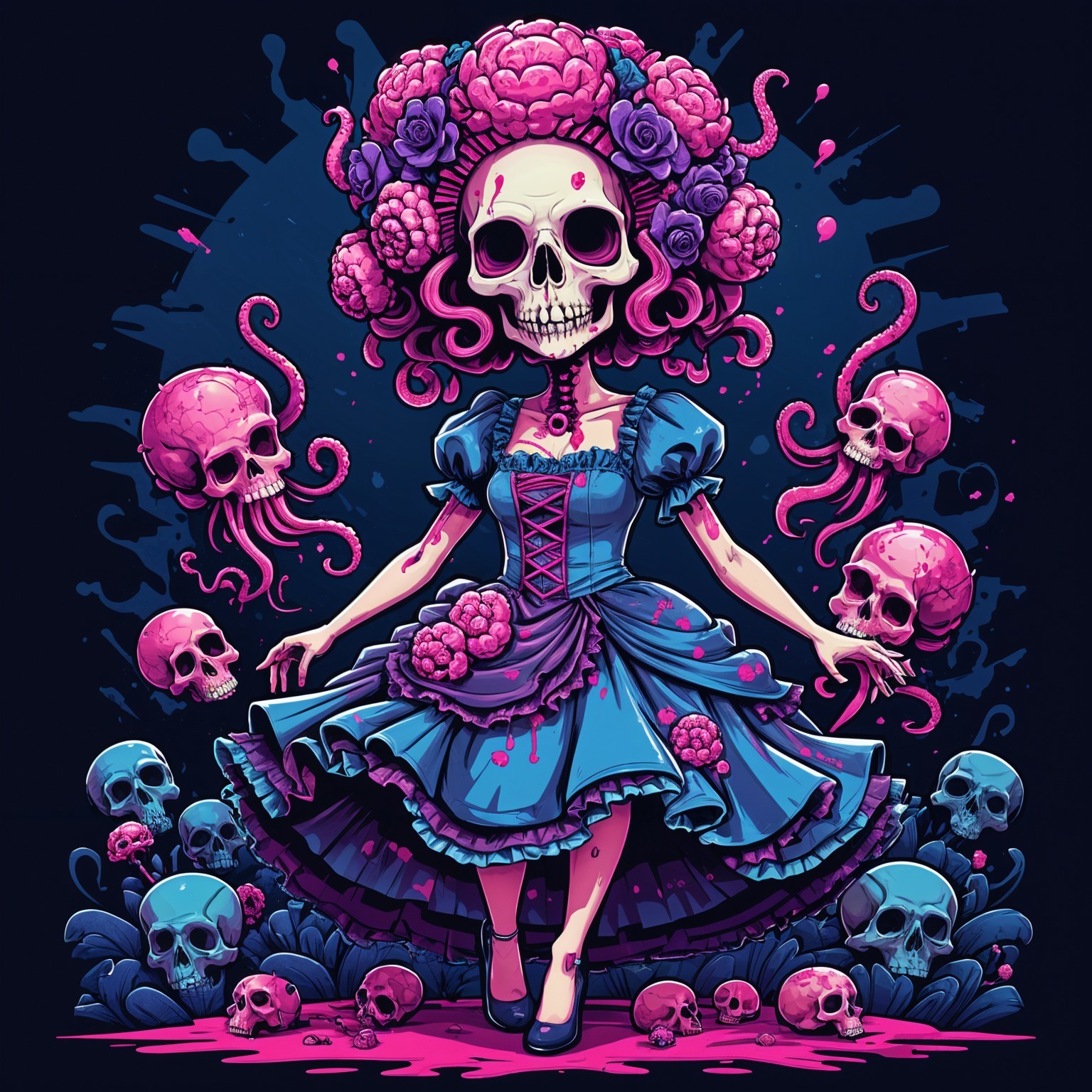 Whimsical Skeleton in Blue Dress with Floral Accents