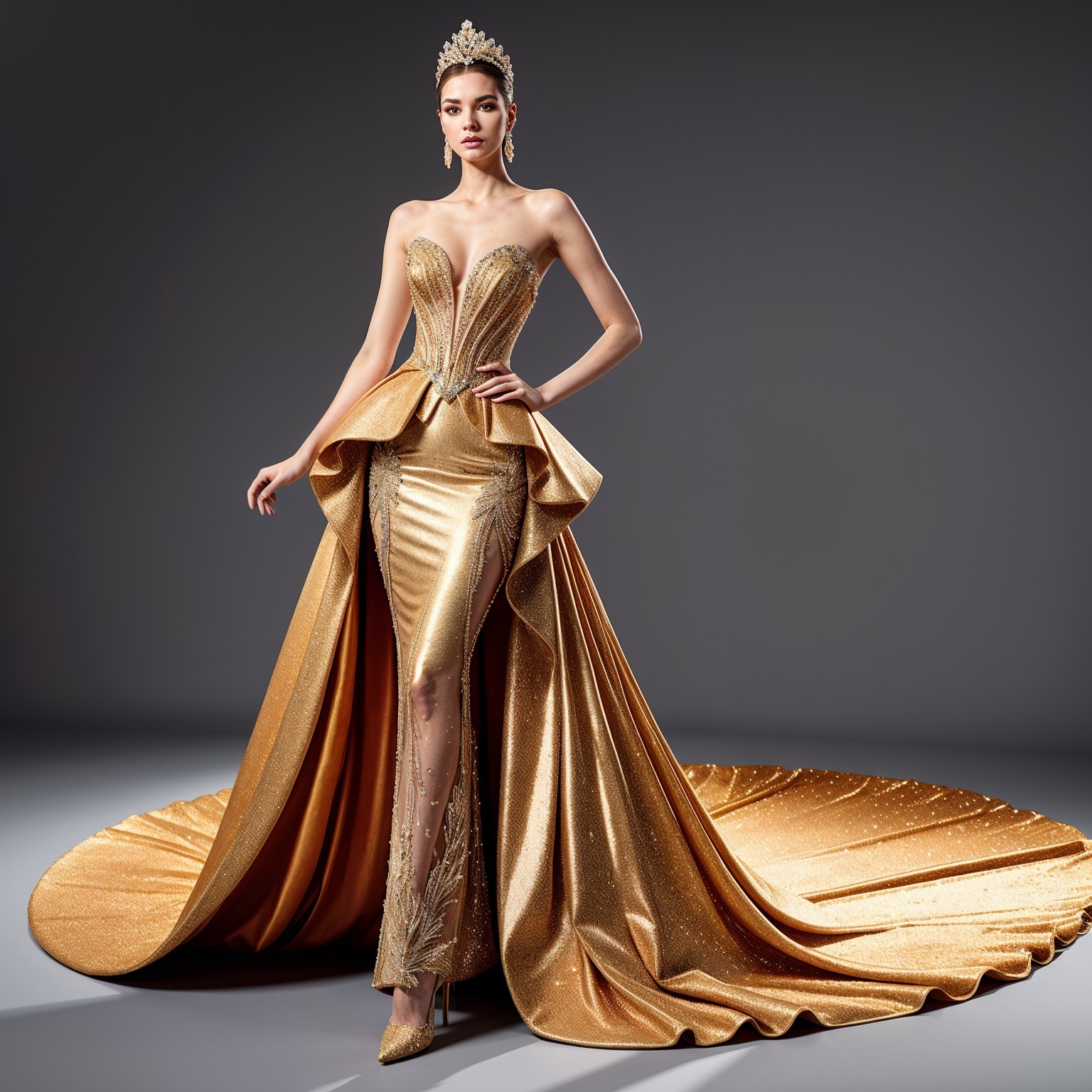 Intricate Gold Gown with Dramatic Train and Embellishments