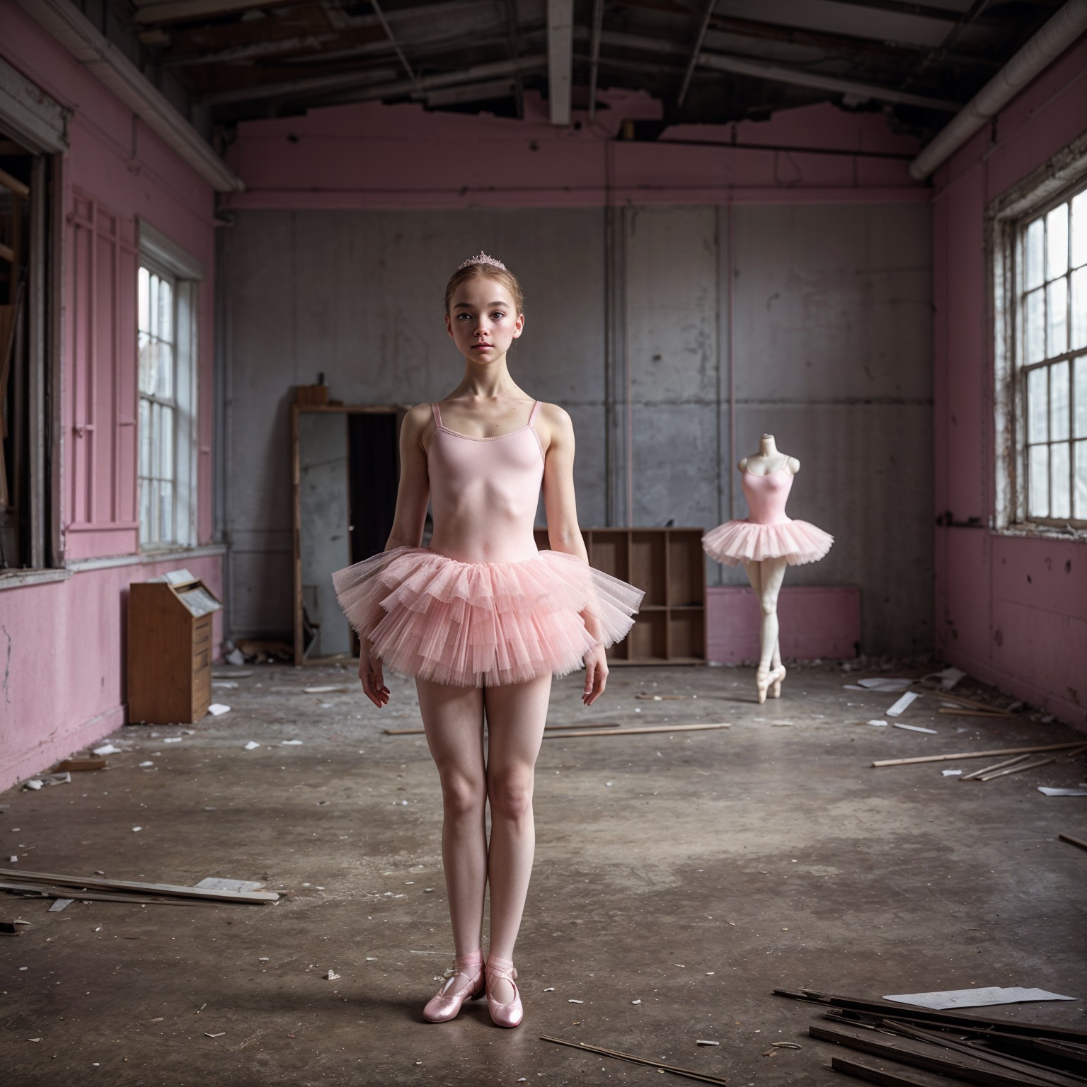 Young Ballerina in a Decaying Room with Sunlight