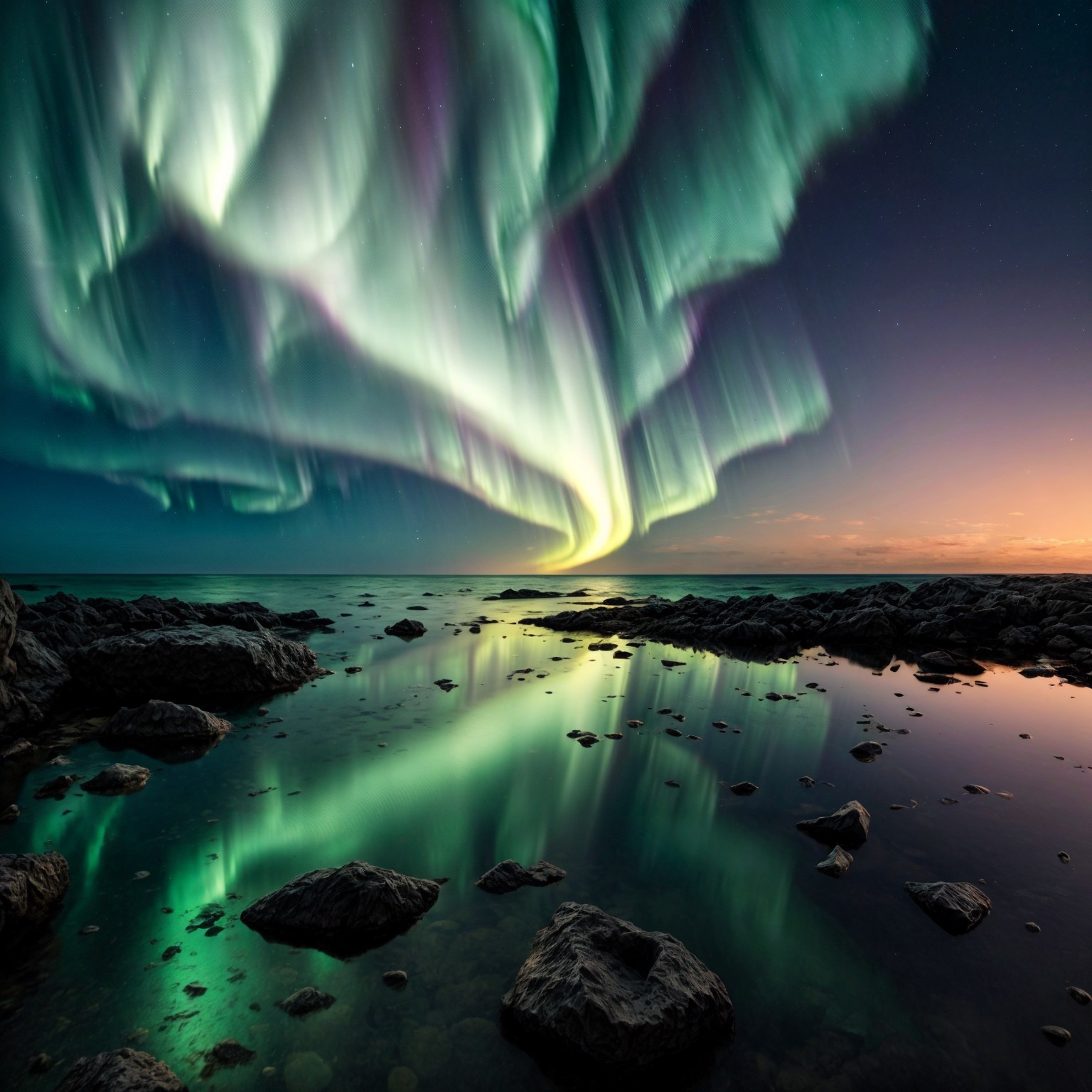 Aurora Borealis Over Calm Sea and Jagged Rocks