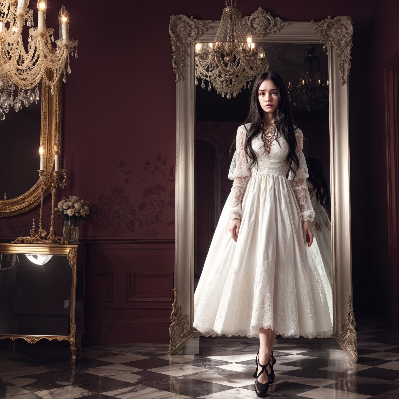 Elegant Woman in Vintage Dress in Luxurious Room