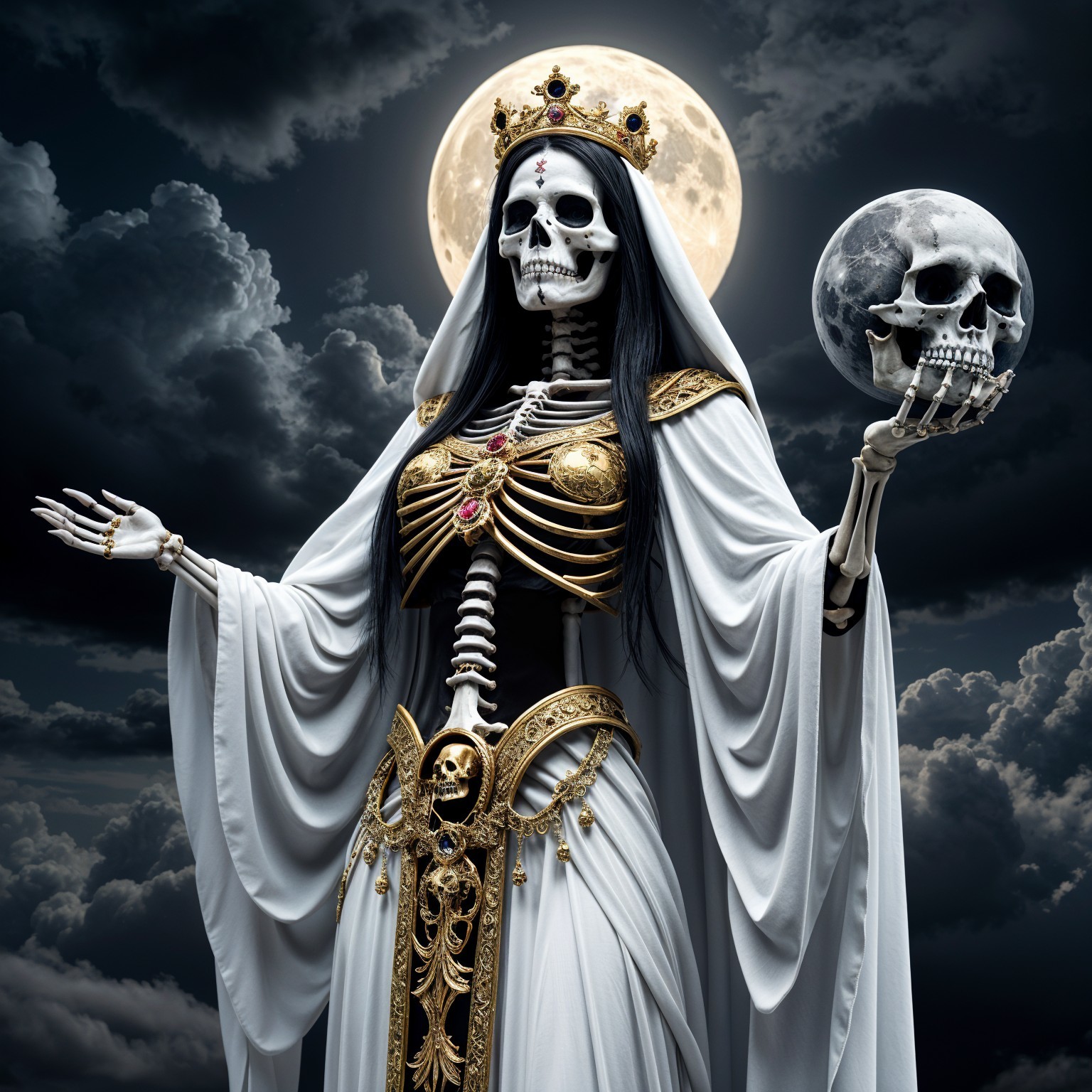 Regal Skeleton Figure Under Full Moon Night Sky