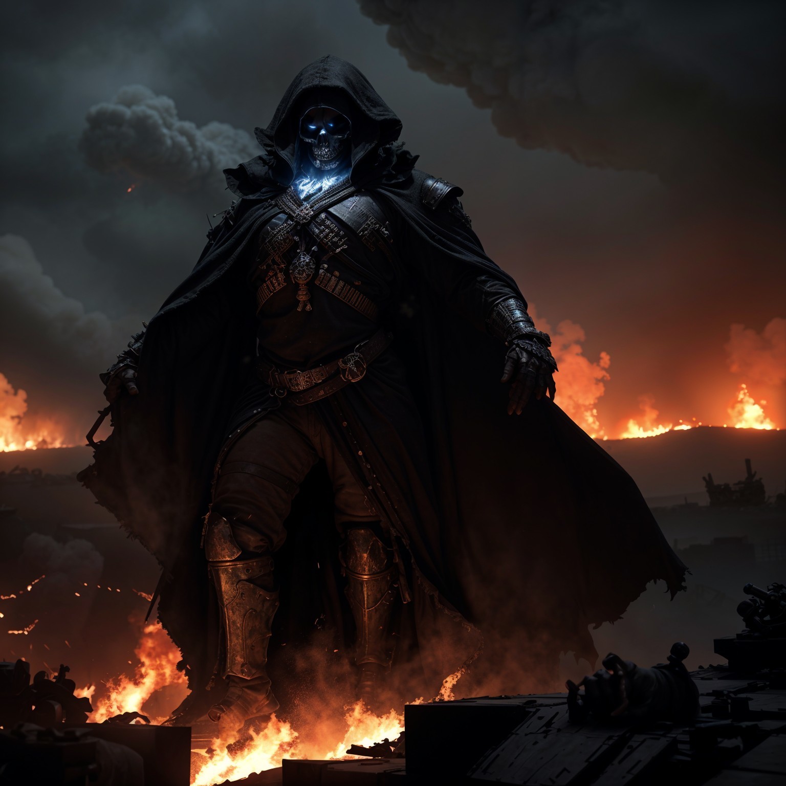Ominous Hooded Figure Surrounded by Flames and Darkness