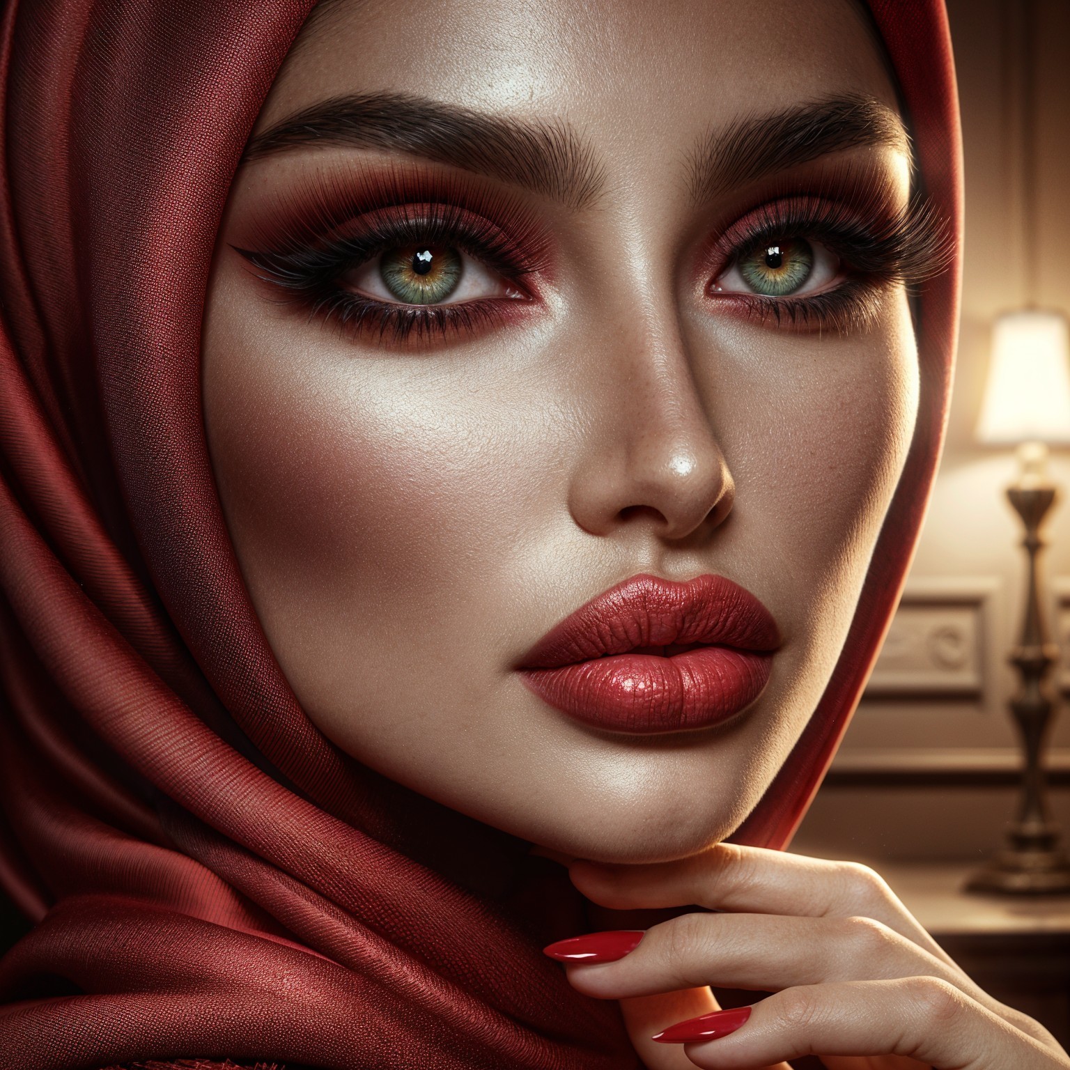 Close-up of a woman in a red hijab with bold makeup