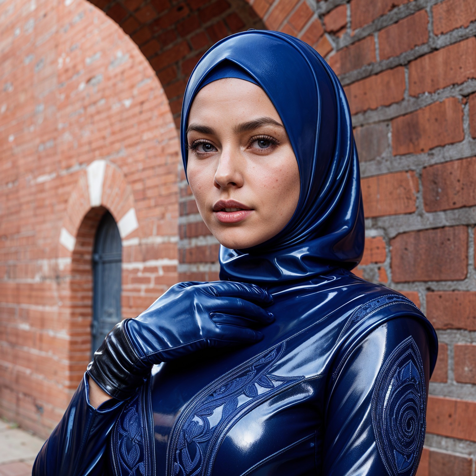 Confident Woman in Glossy Blue Outfit by Brick Wall