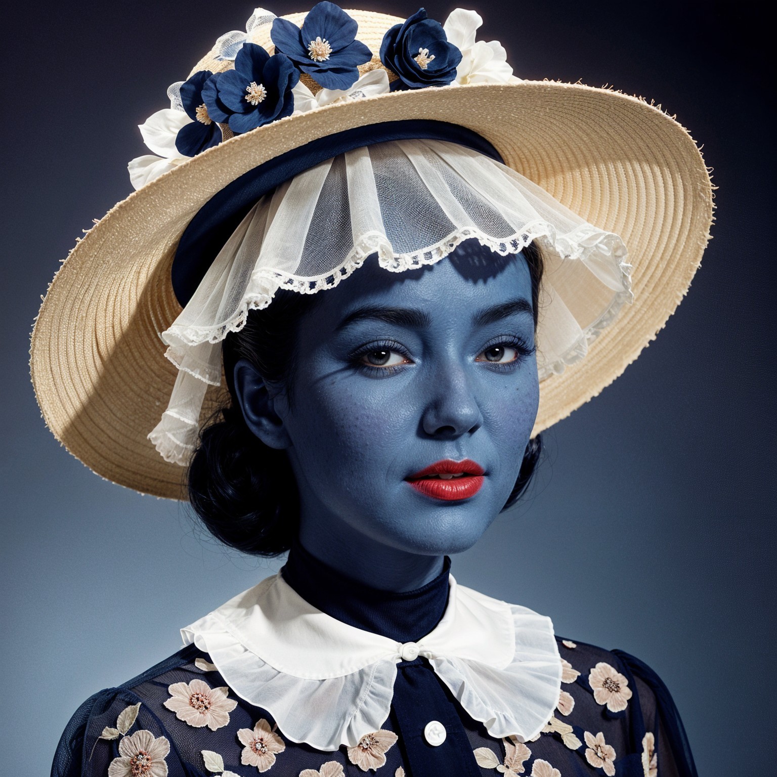 Portrait of a Woman with Blue Skin and Floral Hat