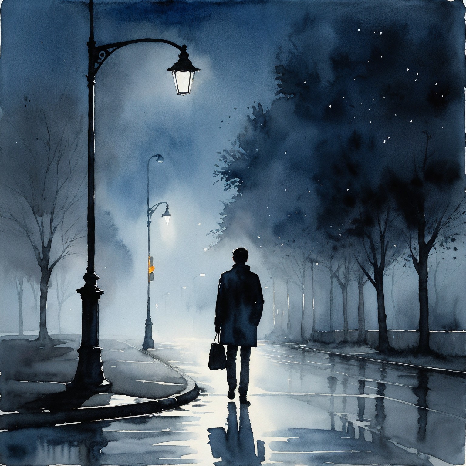 Misty Street Scene with Solitary Figure and Lamppost