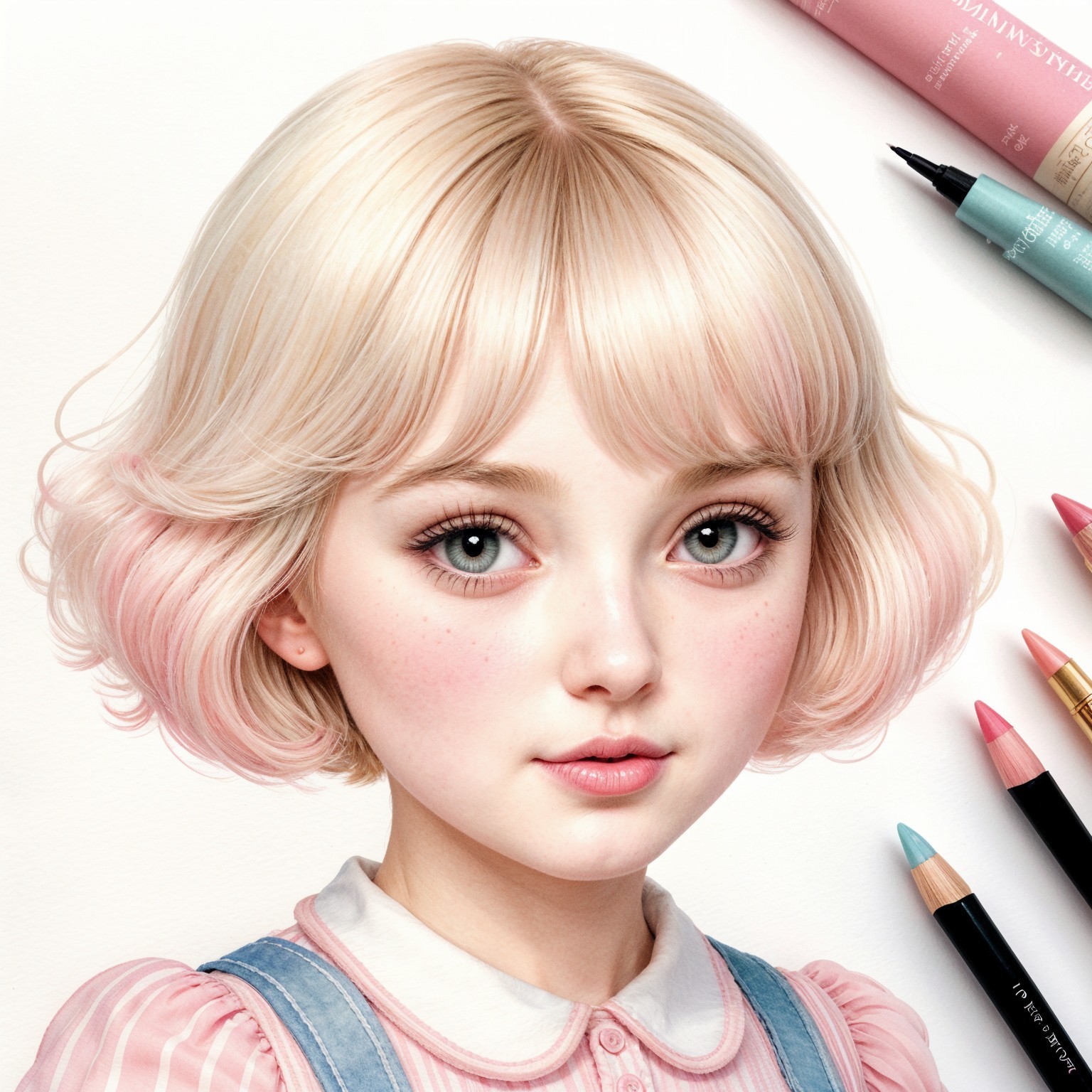 Young girl with pastel pink highlights and art supplies