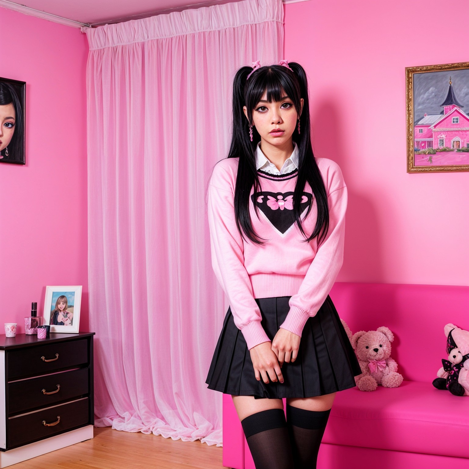 Young woman in pastel pink room with playful decor