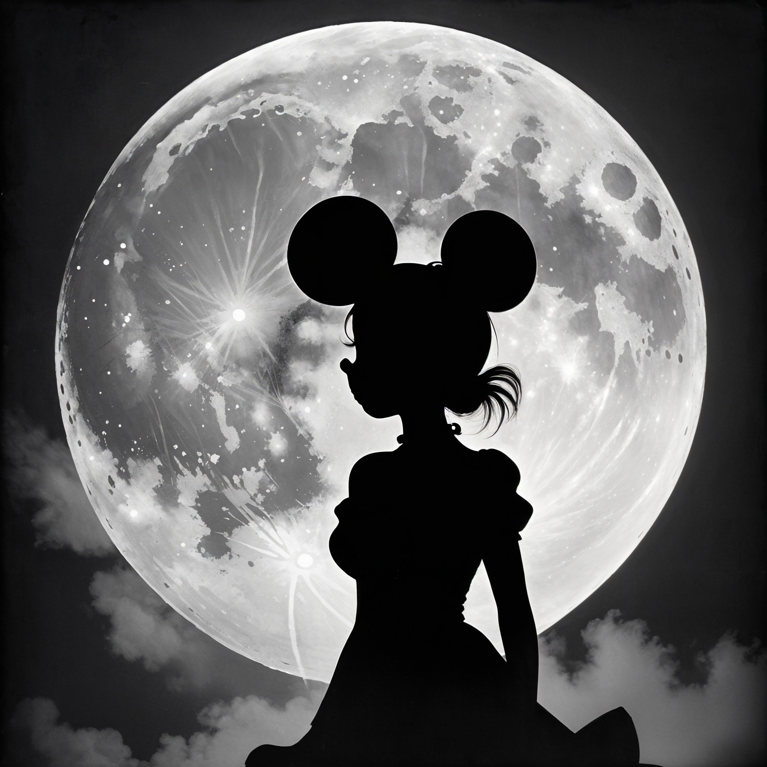 Silhouette of Girl with Mouse Ears Against Full Moon