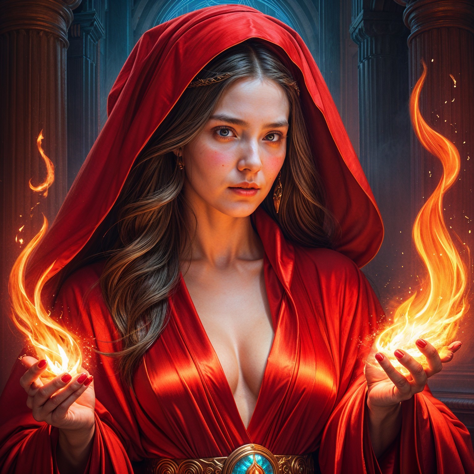 Mystical Figure in Red Robe Surrounded by Flames