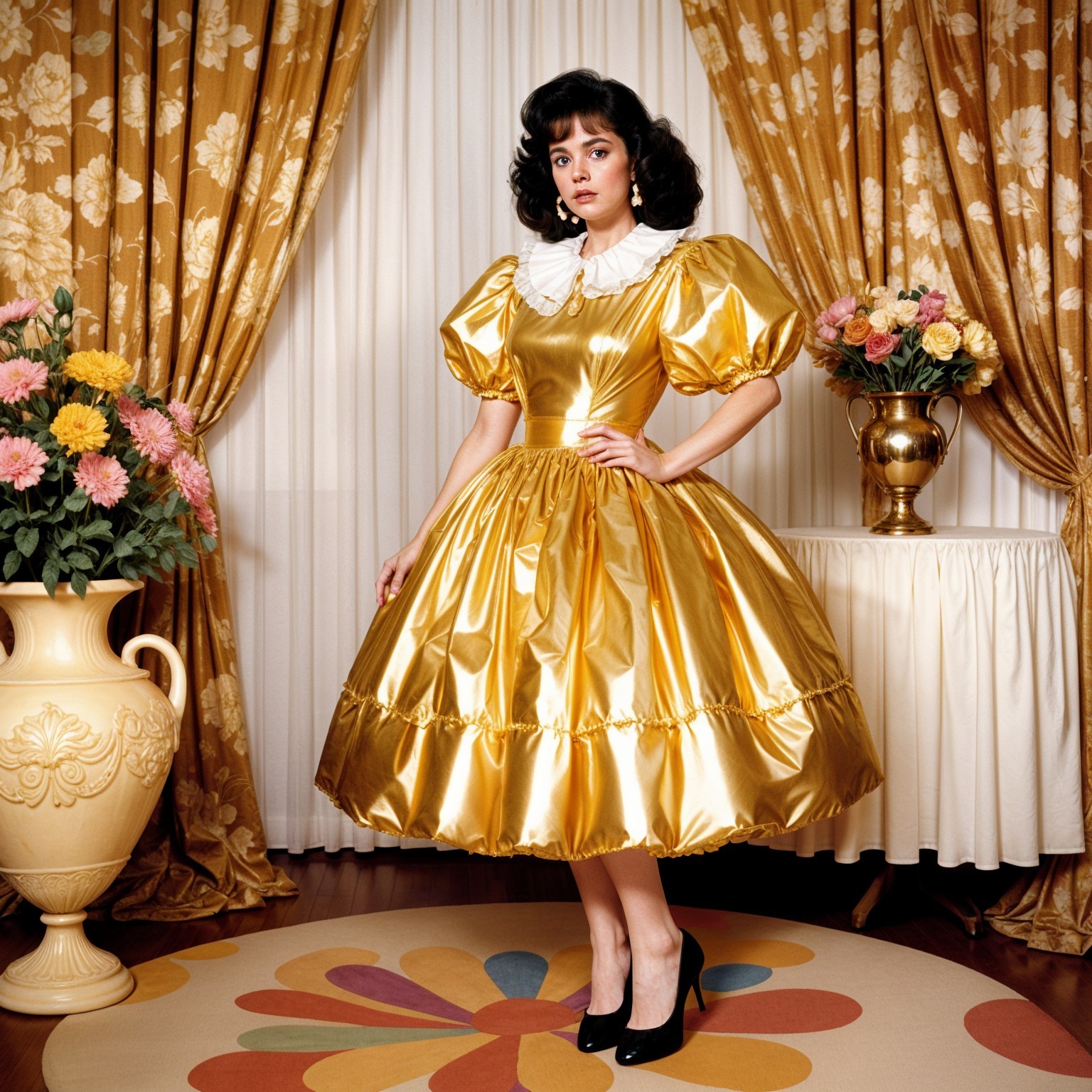 Elegant Woman in Golden Dress with Floral Decor