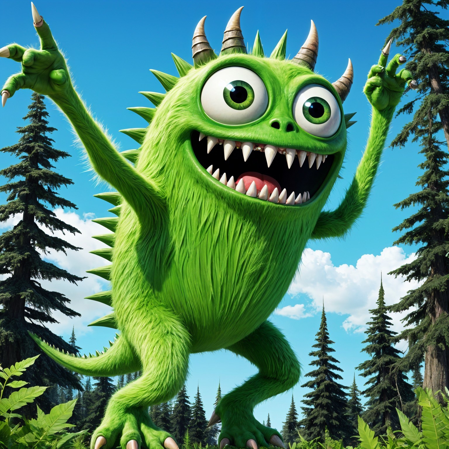 Vibrant green cartoon monster in a lush forest setting