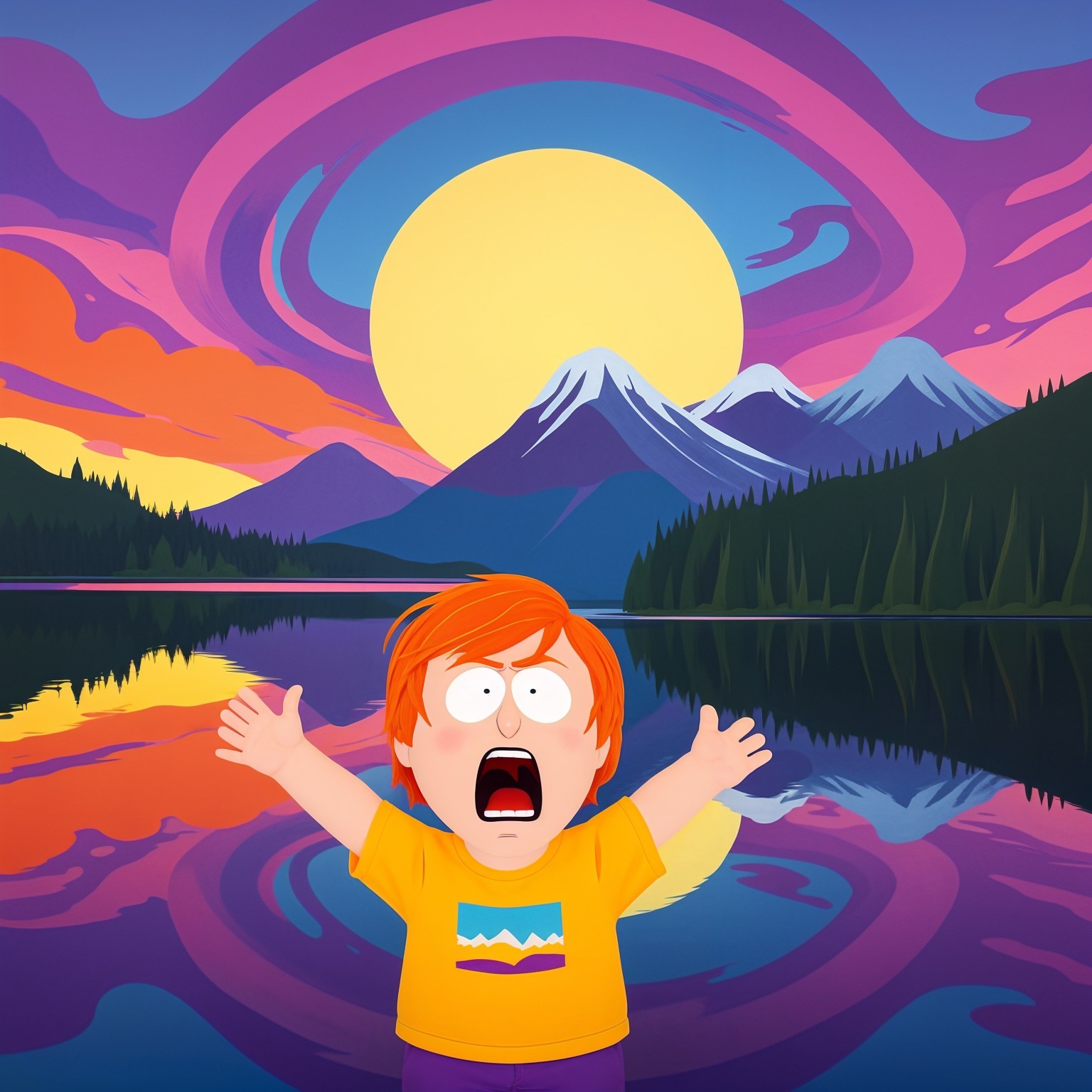 Cartoon Boy with Orange Hair by Serene Lake at Sunset