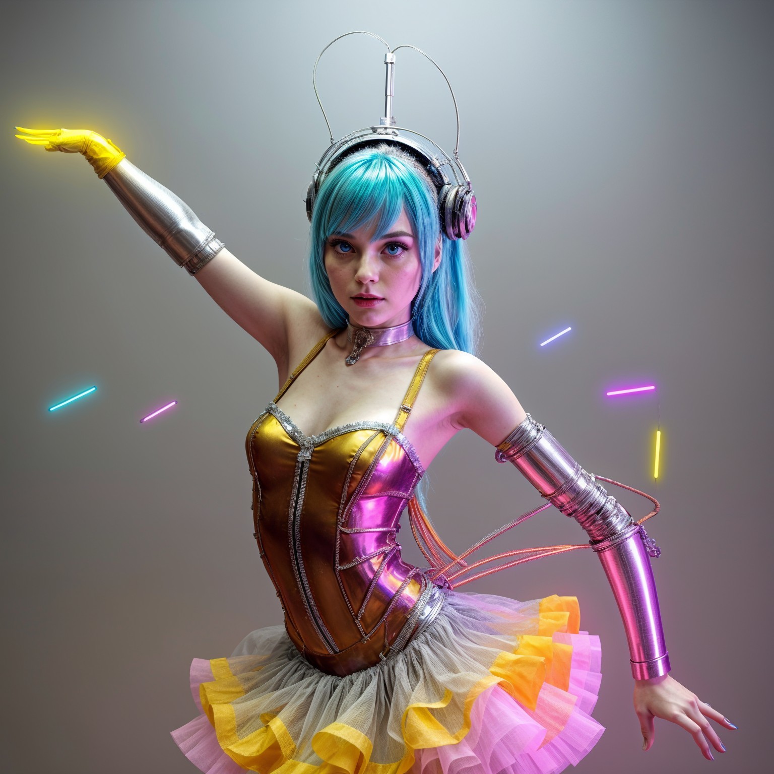 Dynamic Costume with Metallic Accents and Tutu