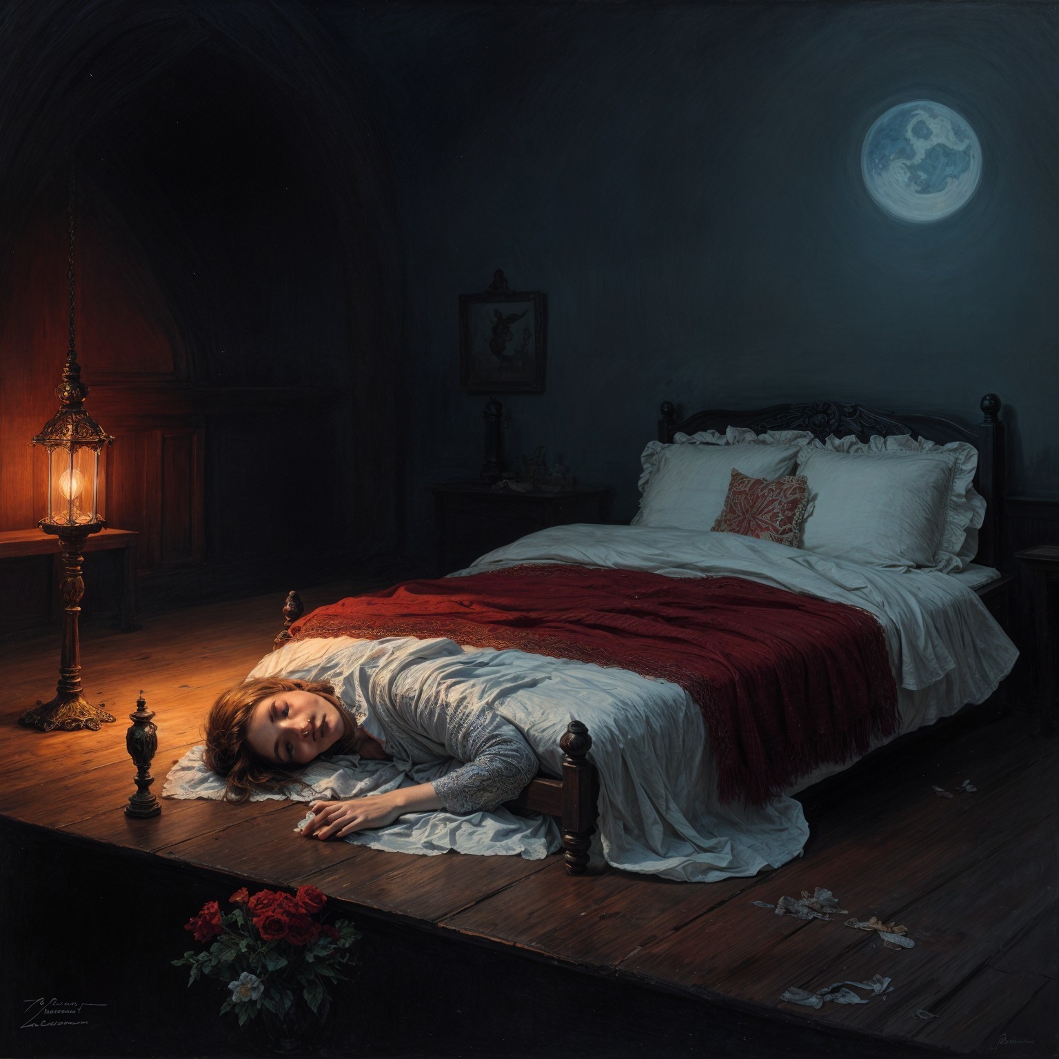 Serene Bedroom Scene with Sleeping Woman and Roses