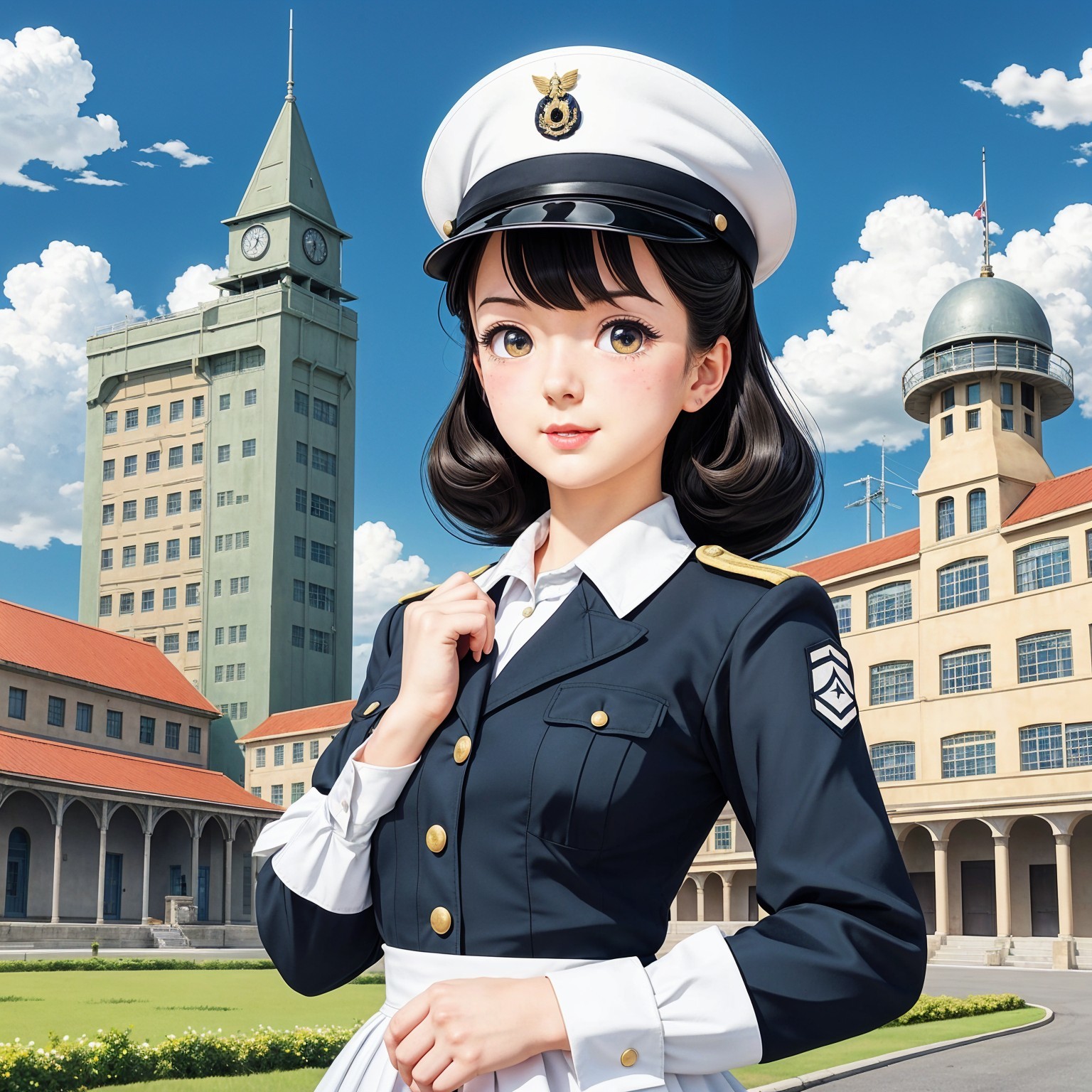 Young Woman in Navy Uniform by Grand Building