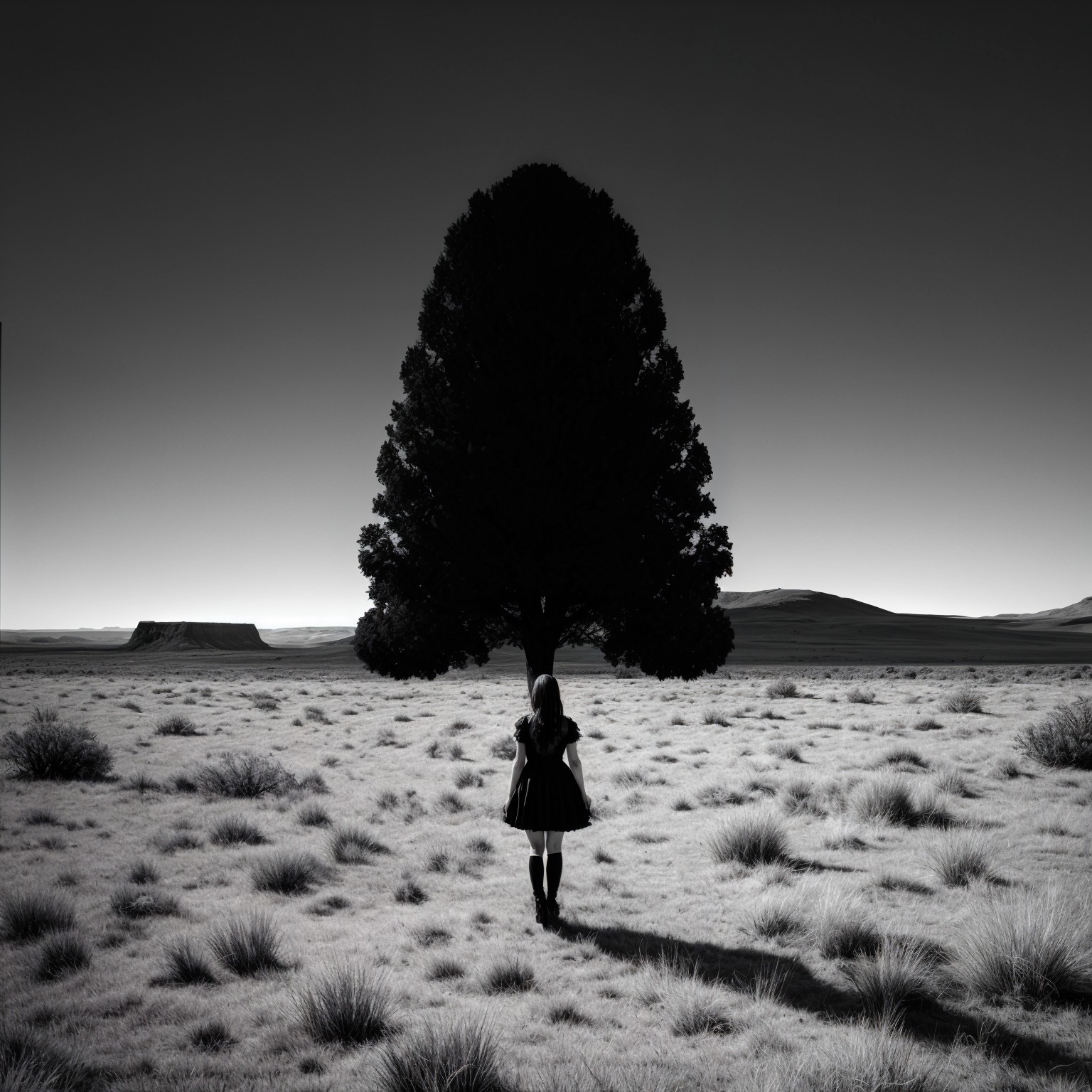 Lone Figure in Vast Landscape with Dark Tree