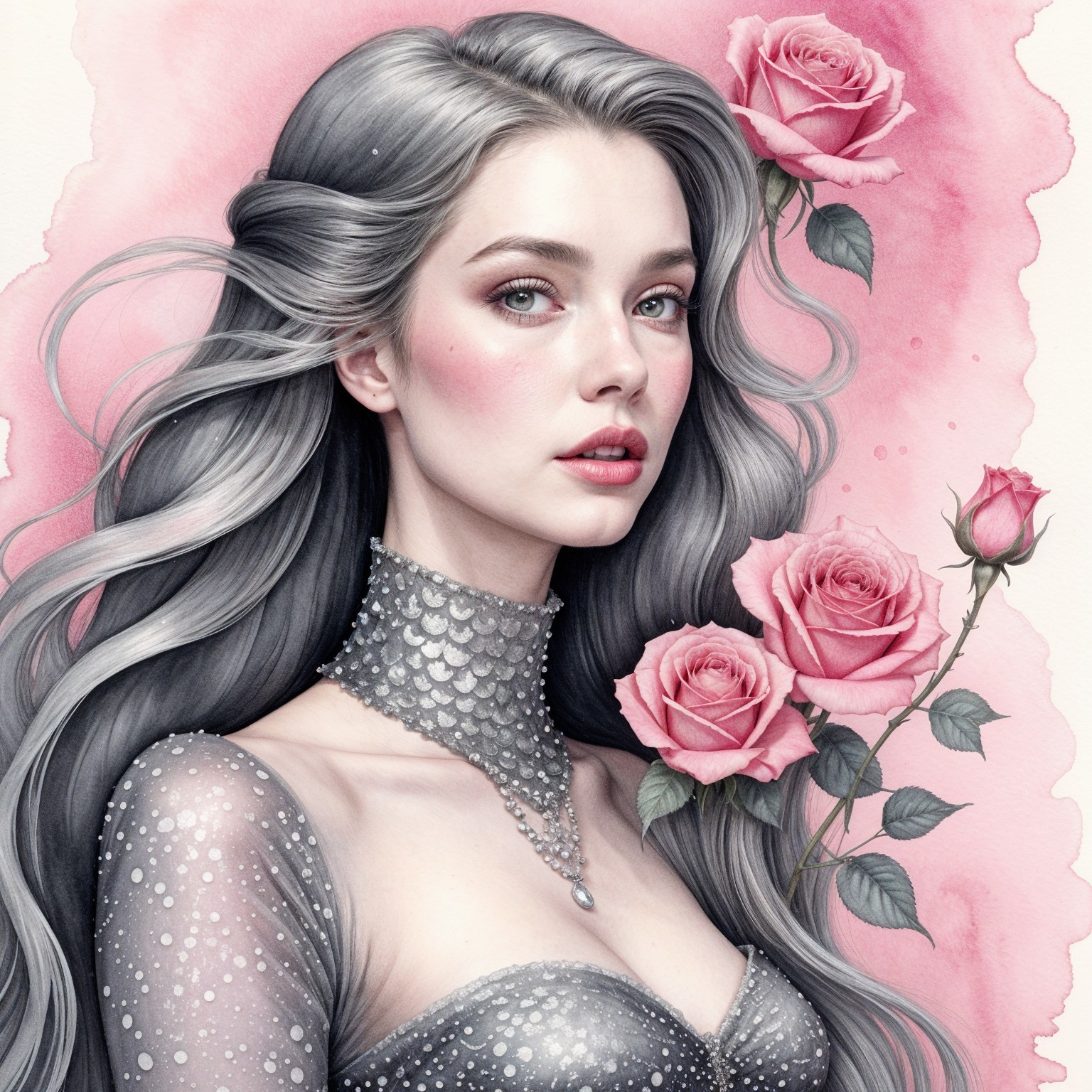 Ethereal Portrait of a Woman with Silver Hair and Roses