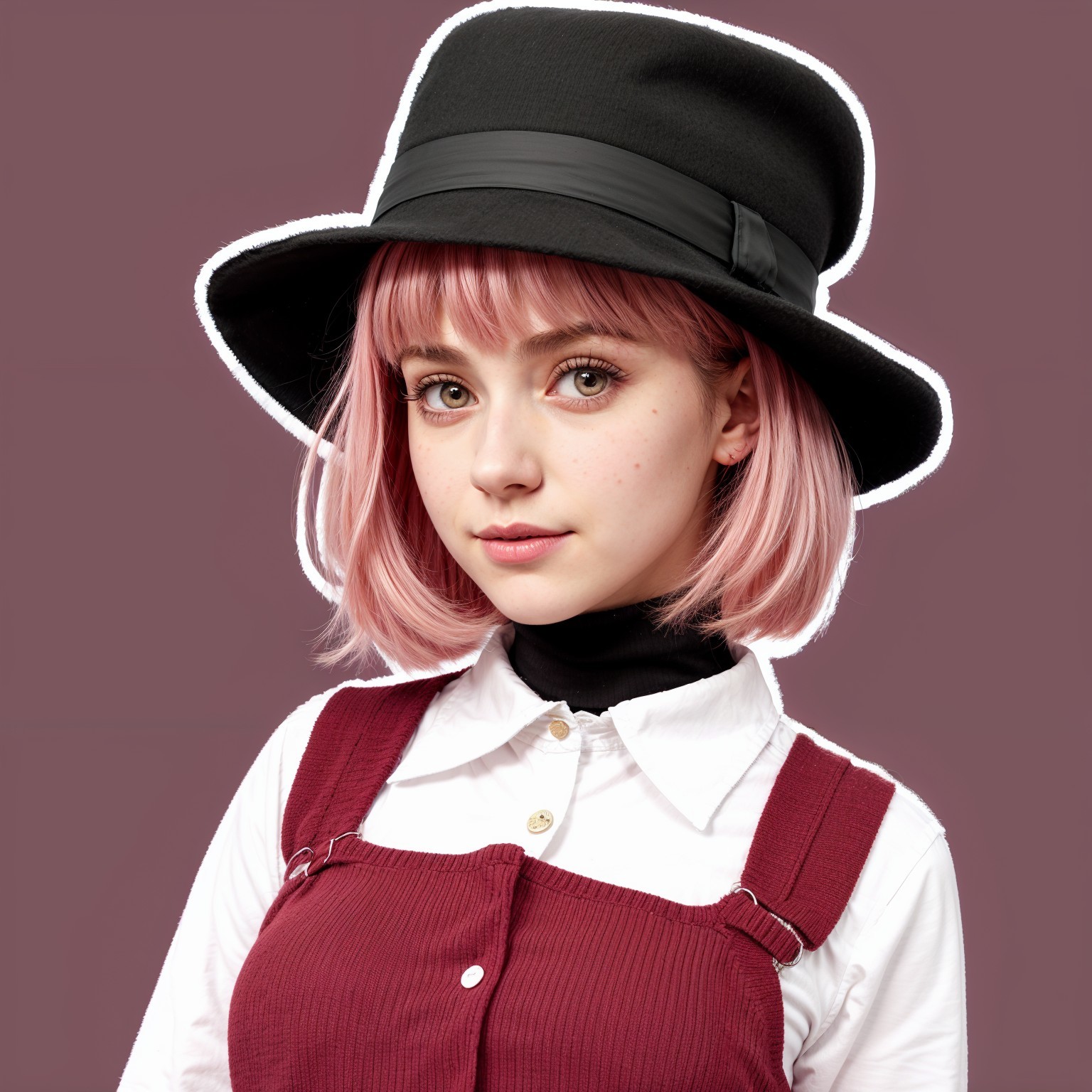 Young person with pink bob haircut and black hat