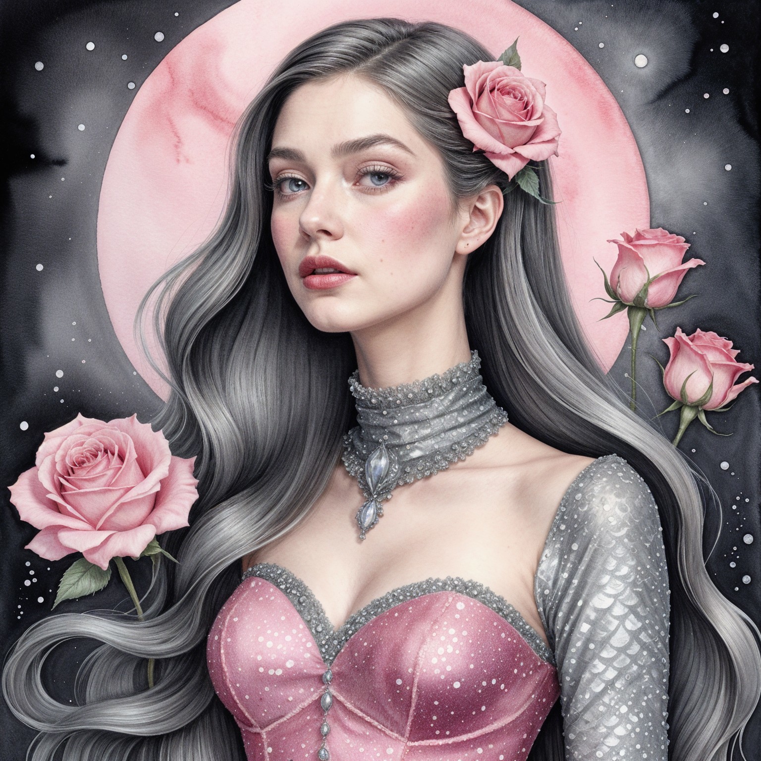 Woman with Silver Hair and Pink Moon Background