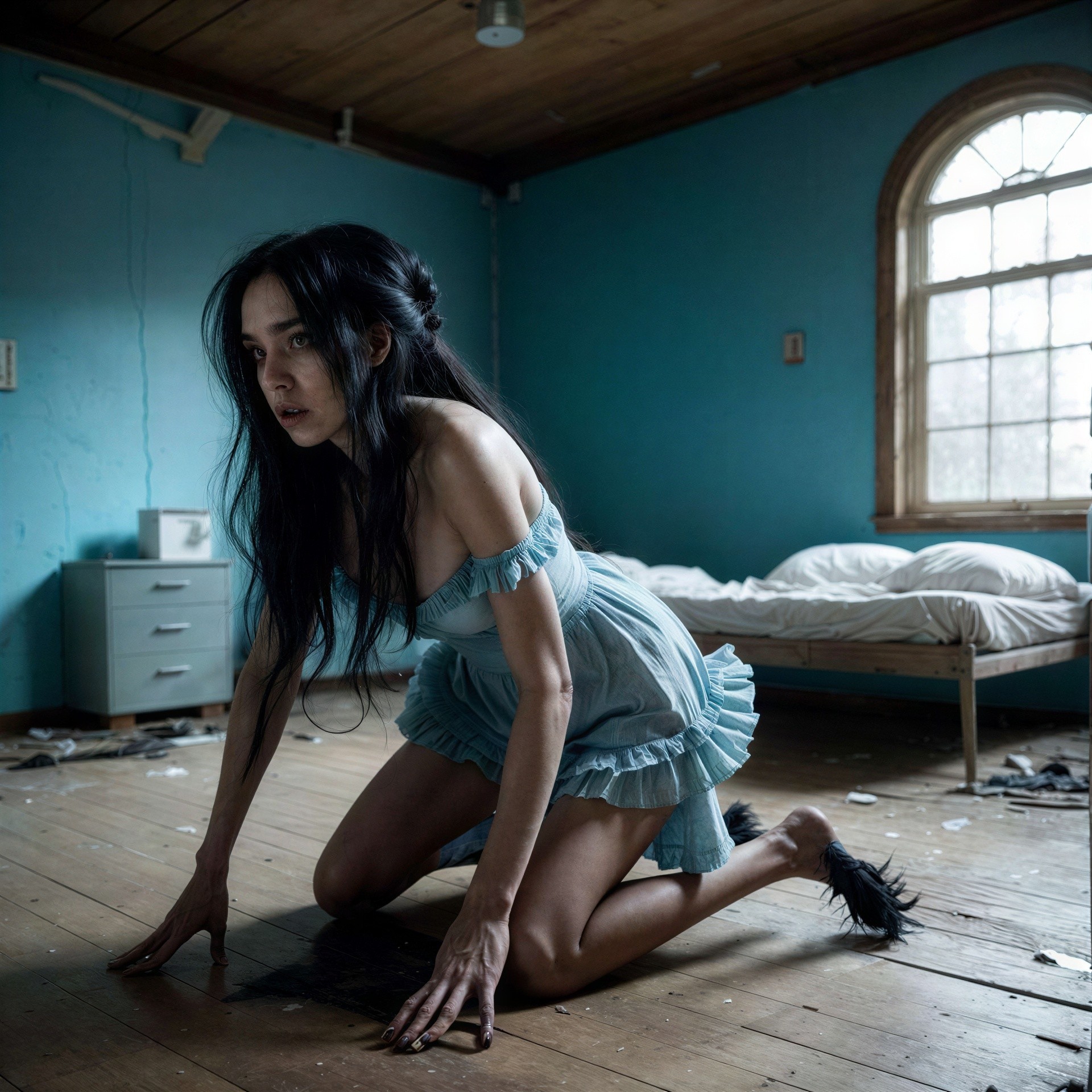 Young Woman in Blue Dress on Wooden Floor with Concern