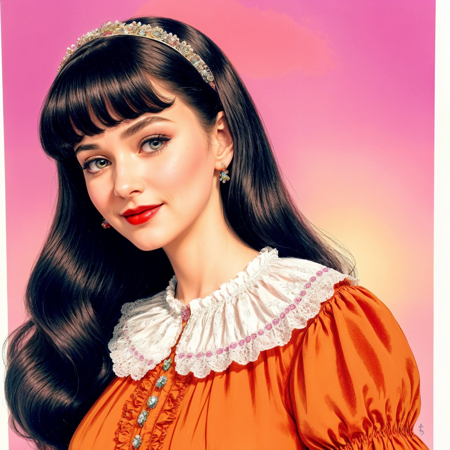 Young Woman in Orange Dress with Pastel Sky Background