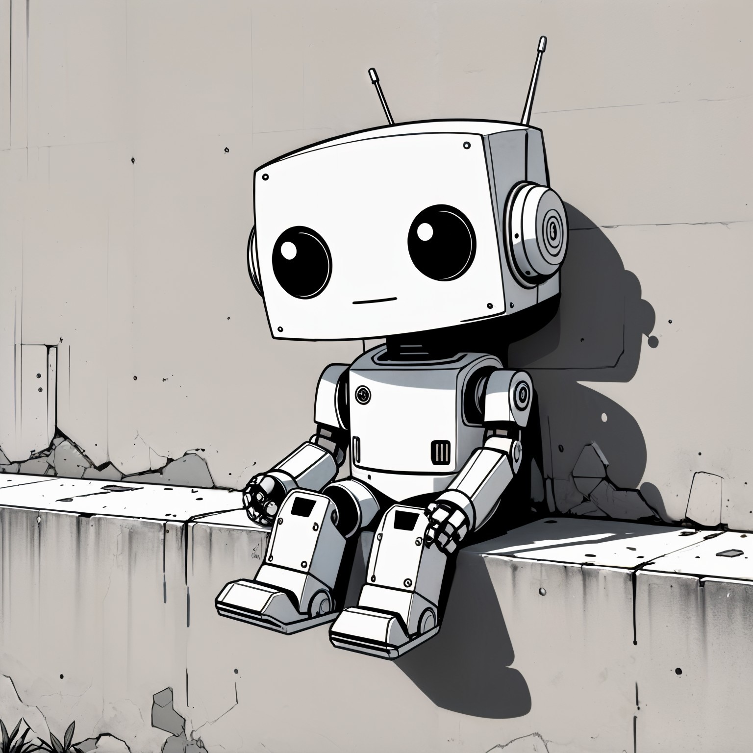 Cute Robot with Boxy Head Against Cracked Wall