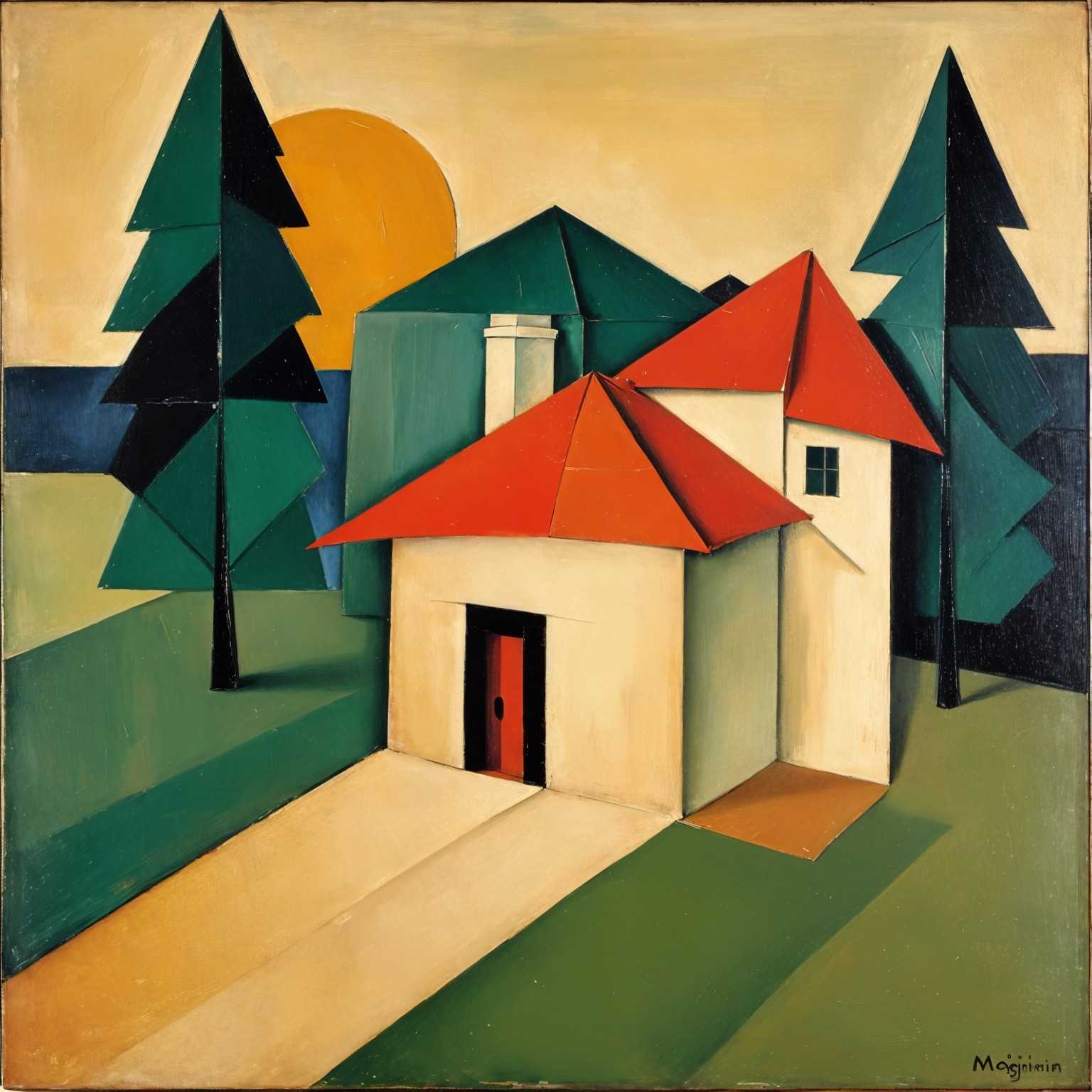 Stylized Landscape with Geometric Shapes and Buildings