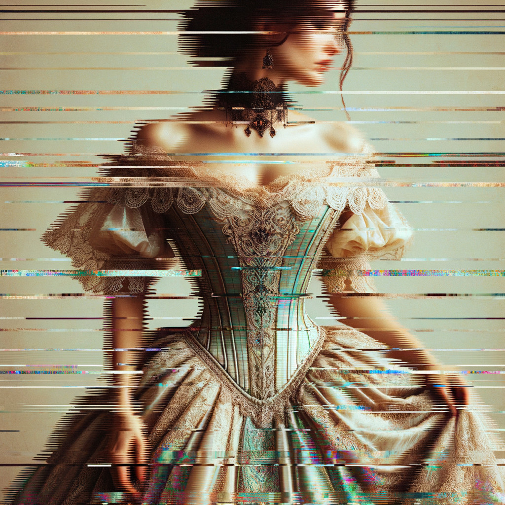 Vintage Corseted Gown with Artistic Glitch Effect