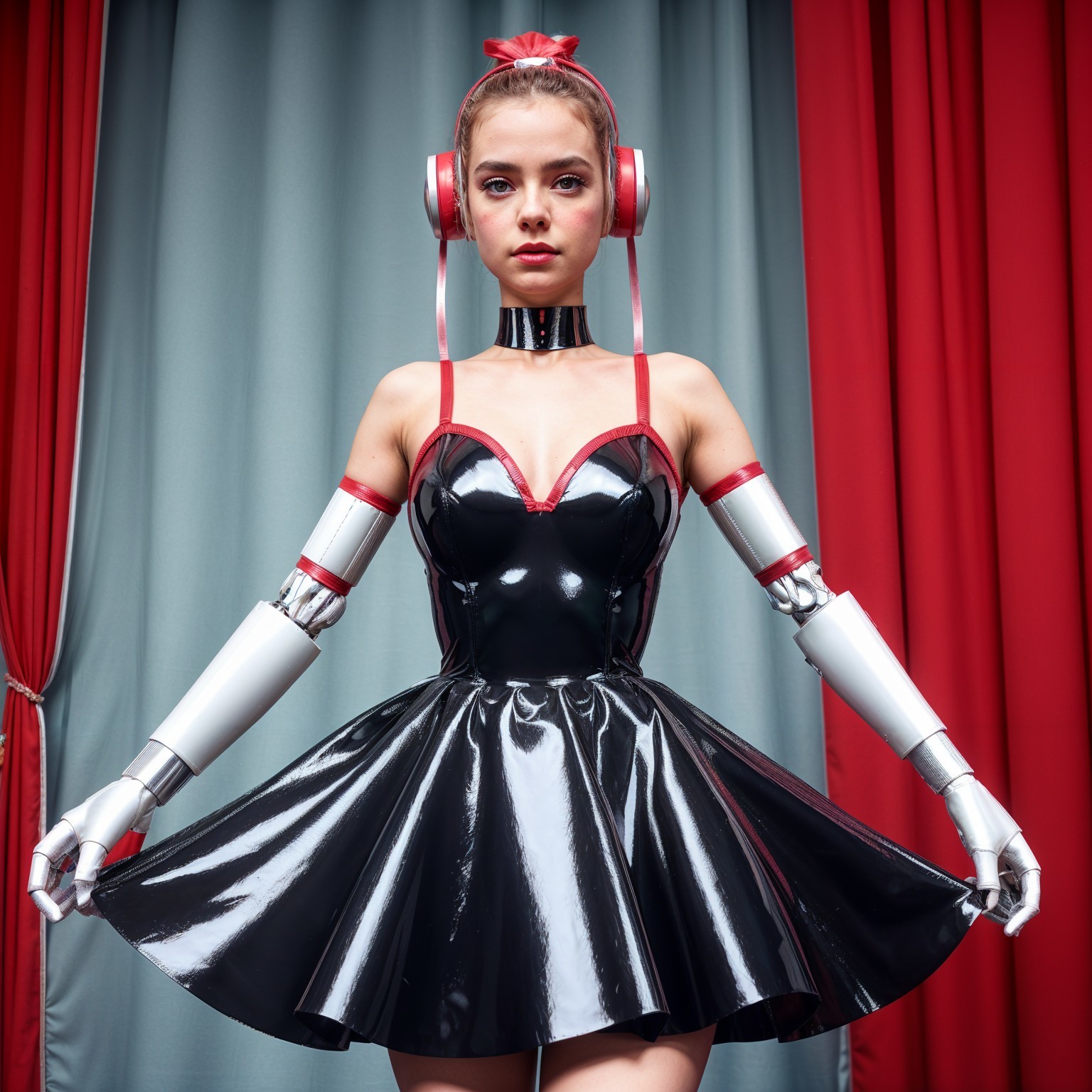 Futuristic performer in black latex dress with accents