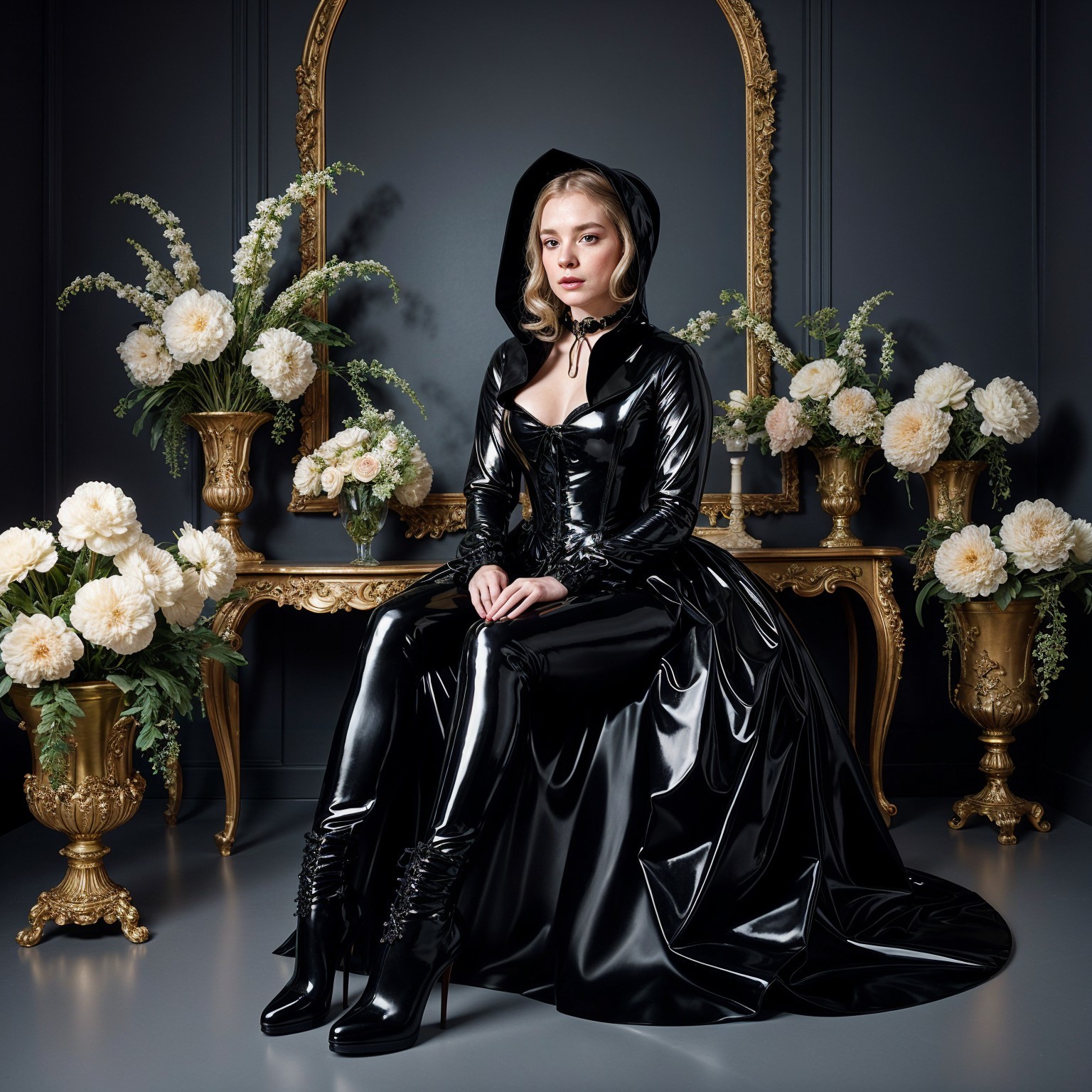 Elegant Figure in Black Latex Gown with Gold Decor