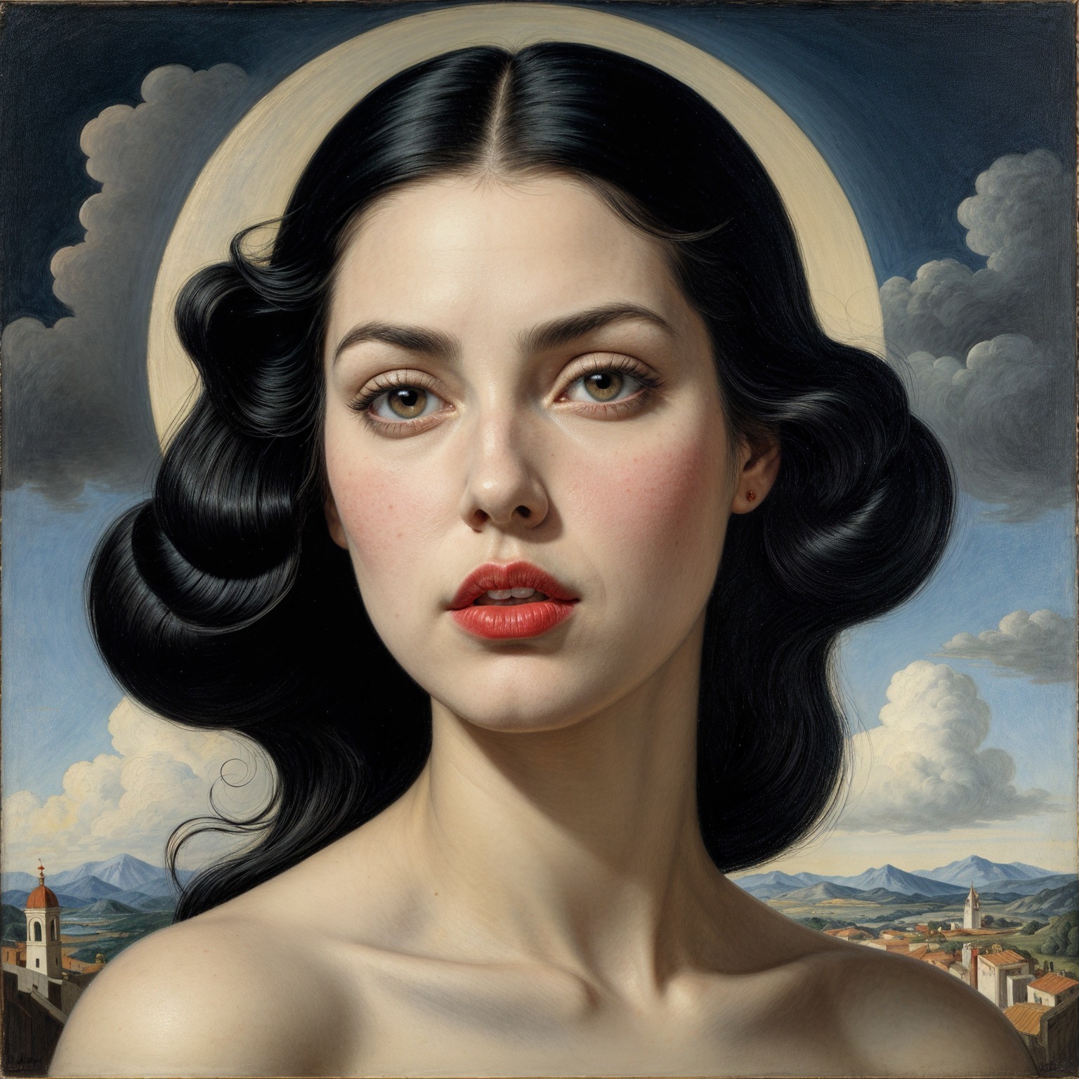 Portrait of a Young Woman with Serene Landscape Background