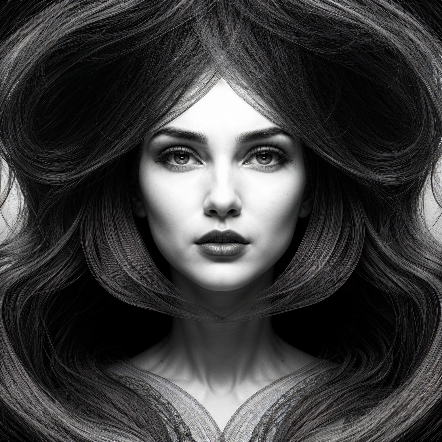 Black and White Portrait of a Woman with Flowing Hair
