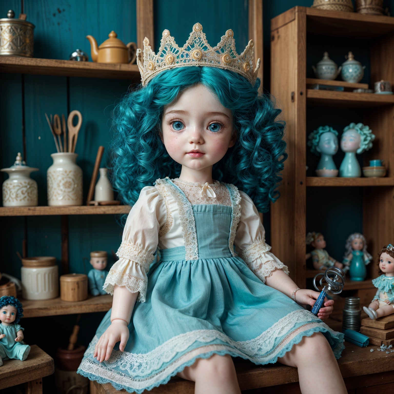 Vibrant Blue-Haired Doll with Lace Dress and Crown