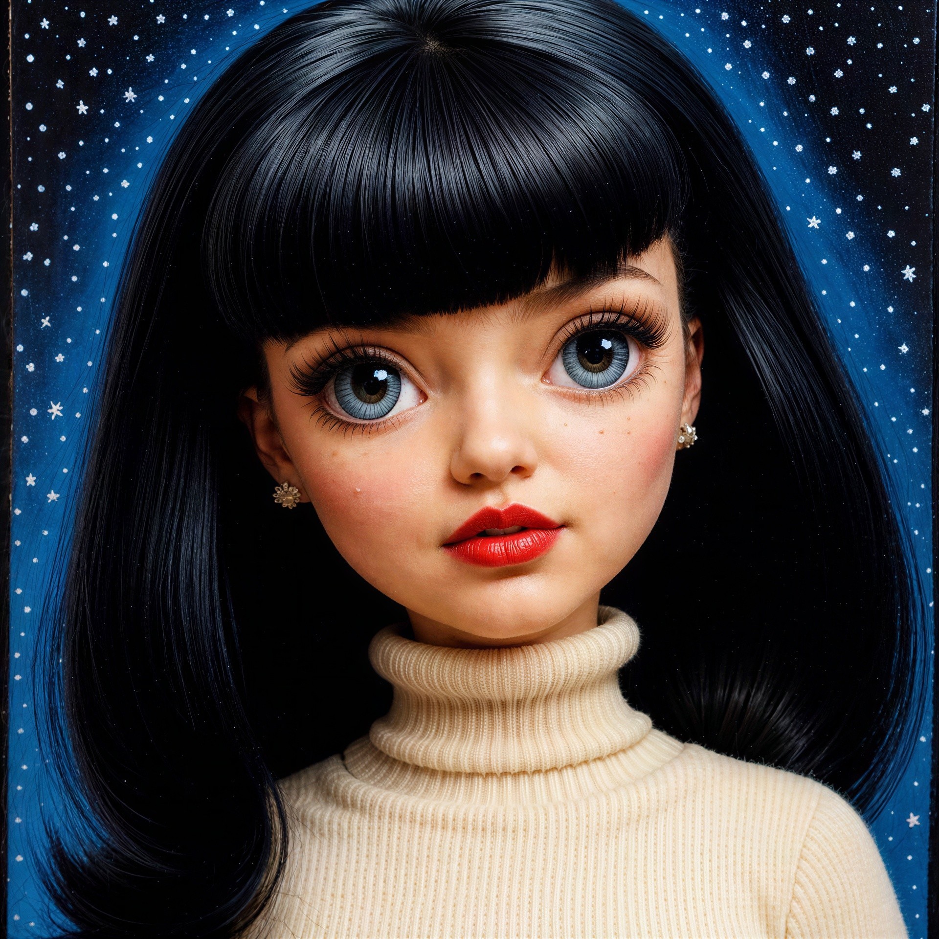 Doll-like woman with black hair and blue eyes portrait