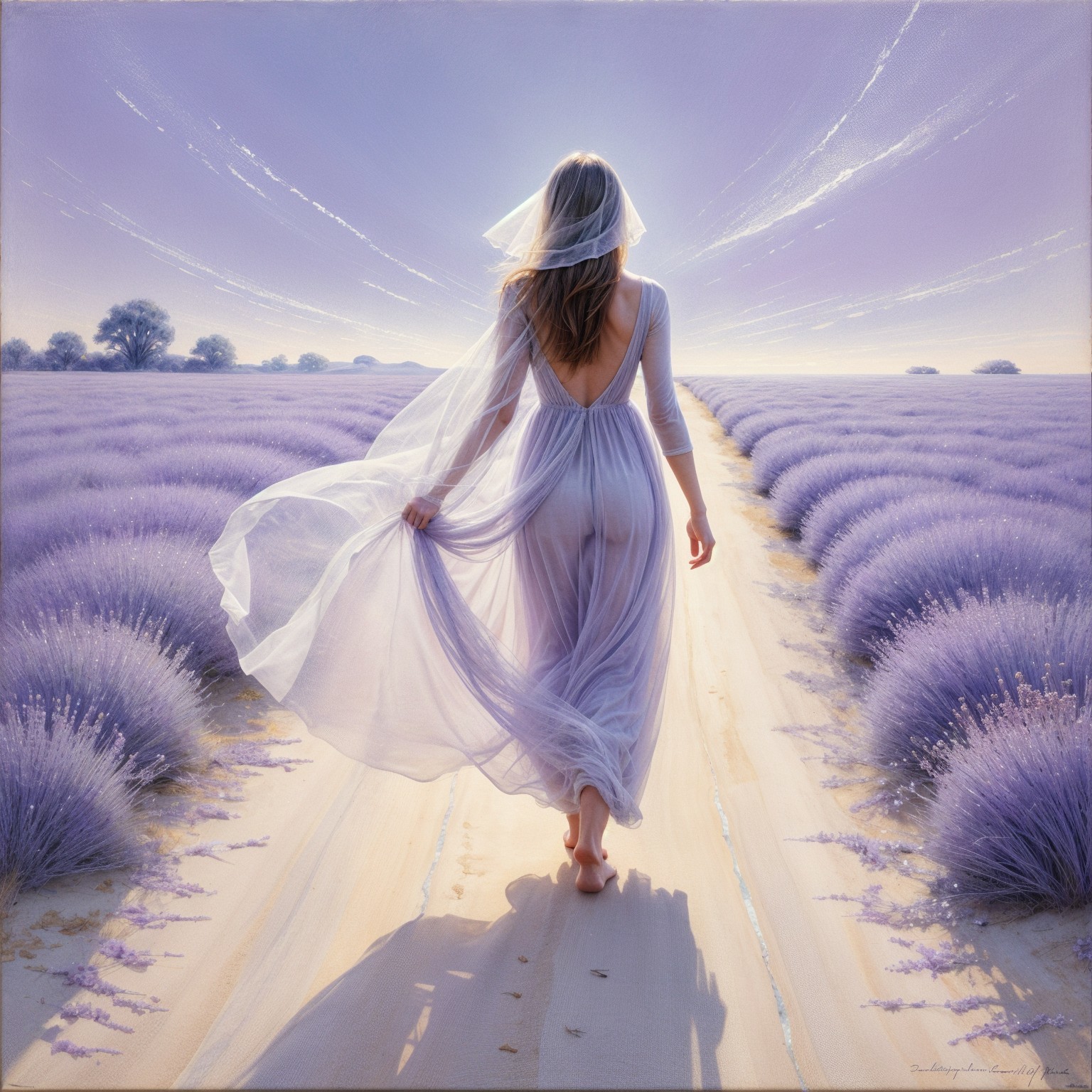 Woman Walking Barefoot on a Lavender Path